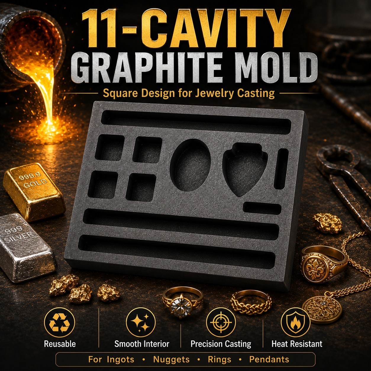 Graphite Ingot Mold Gold Silver Copper Melting Refining Casting Block 4x4inch