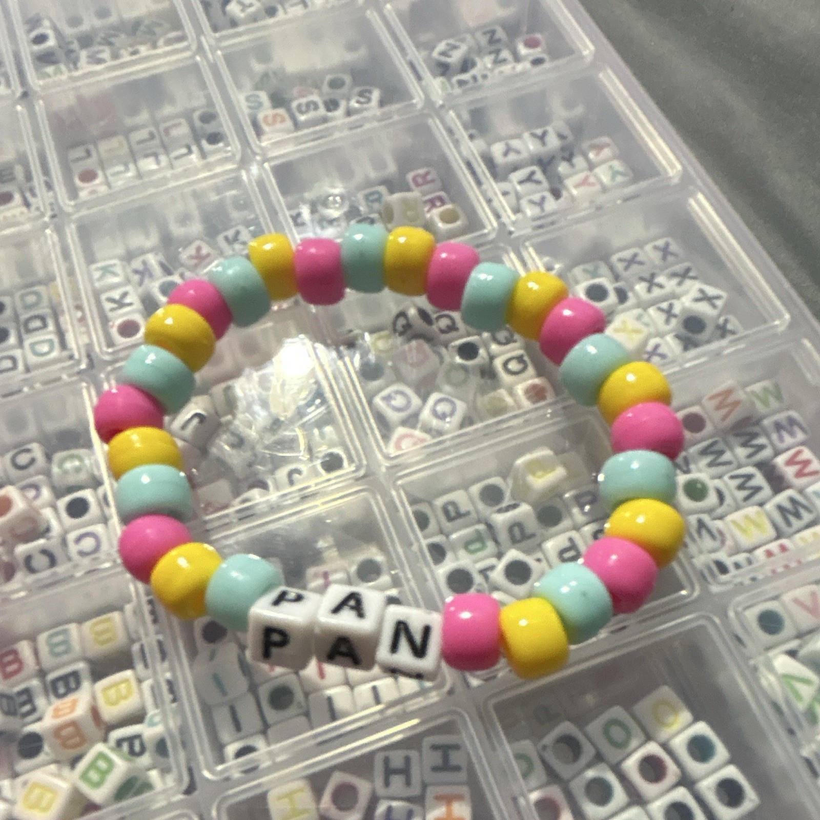 Multicolor Beaded Letter Bracelet “PAN” Adjustable Tie Cord Unisex Adults