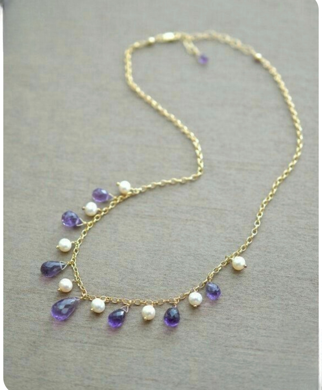 fresh water Pearl & Amethyst 18k gold Necklace handmade gemstone jewelry to gift