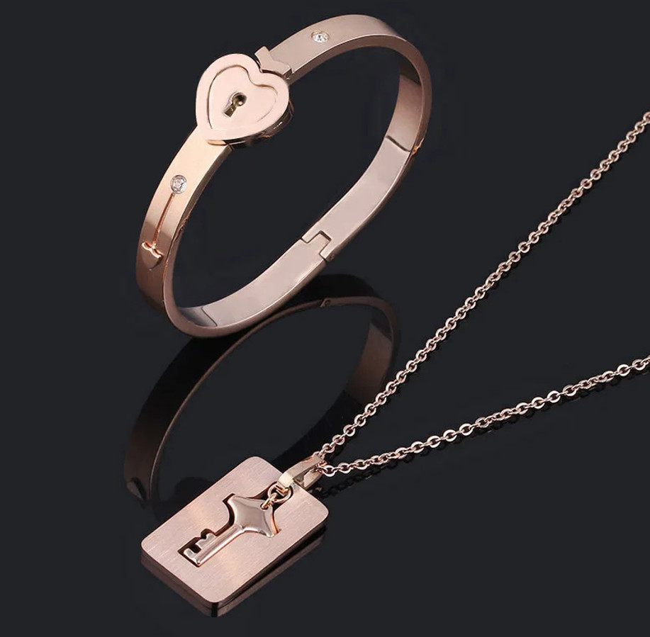 OurCoordinates Heart Lock Bracelet & Key Necklace Jewelry Set