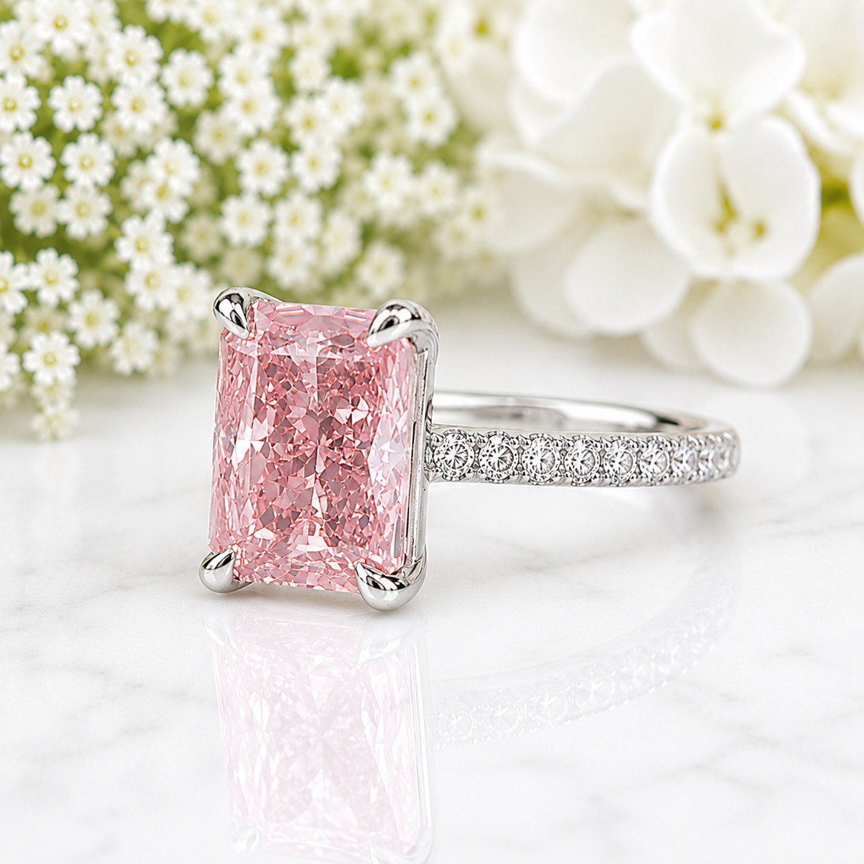 Fancy Vivid Pink IGI Lab Created Diamond Ring 18k White Gold 3.75 Ct Radiant Cut