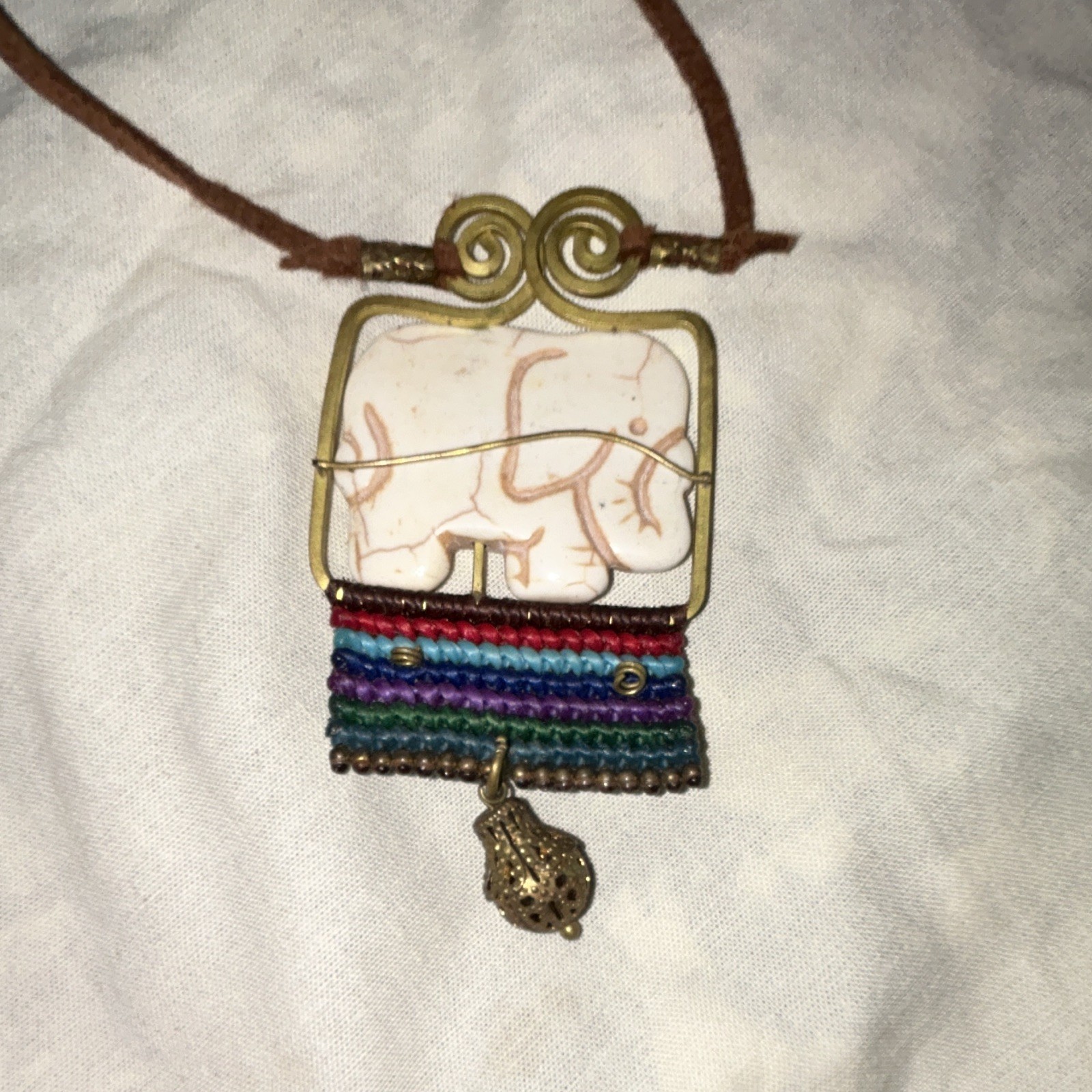 Multicolor Elephant Charm Pendant Necklace Adjustable Brown Cord Rectangle