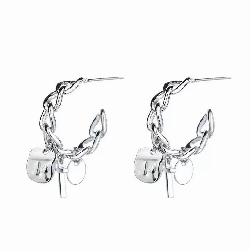 925 Silver Cross Charm Chain Hoop Earrings Vintage Dangle Huggie Earrings 444