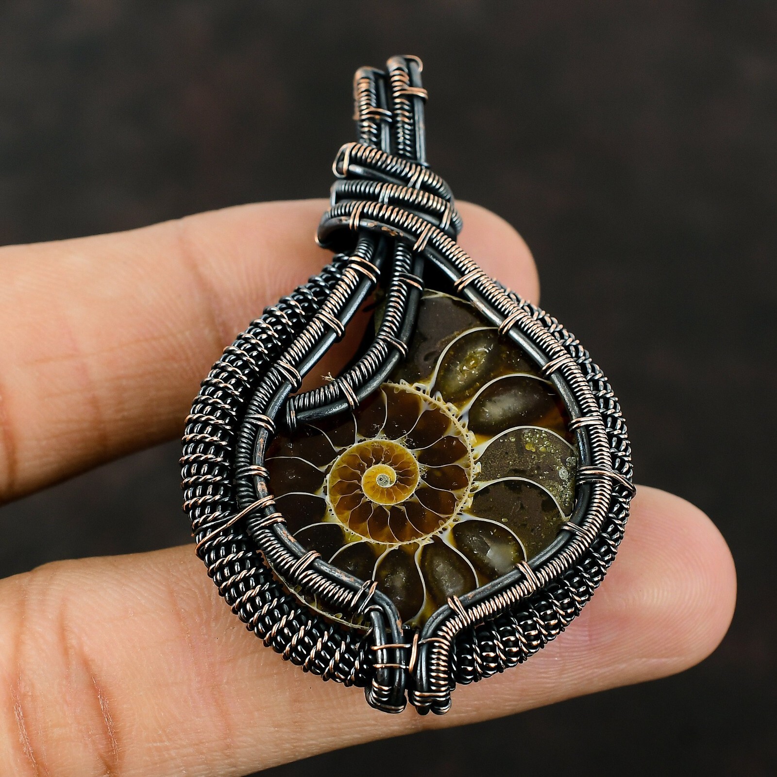 Ammonite Fossil Wire Wrapped Pendant Handcrafted Copper Gift Jewelry 2.56″