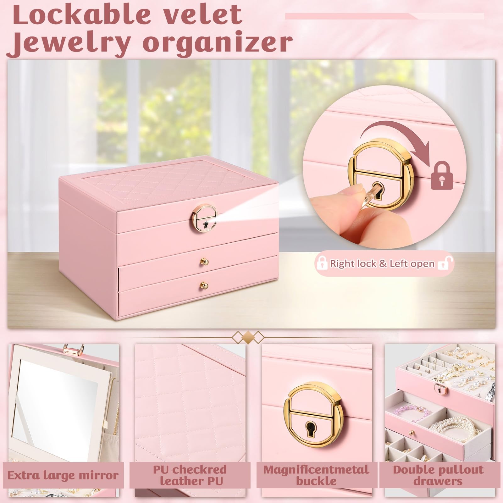 Emazerom 3 Layer Jewelry Boxes Large Holder Organizer Case with Pink