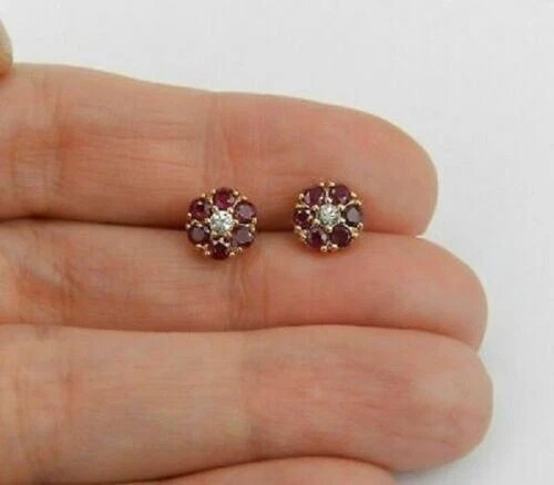Round Cut Simulated Red Ruby 1.50Ct Flower Stud Earrings 14K Yellow Gold Plated