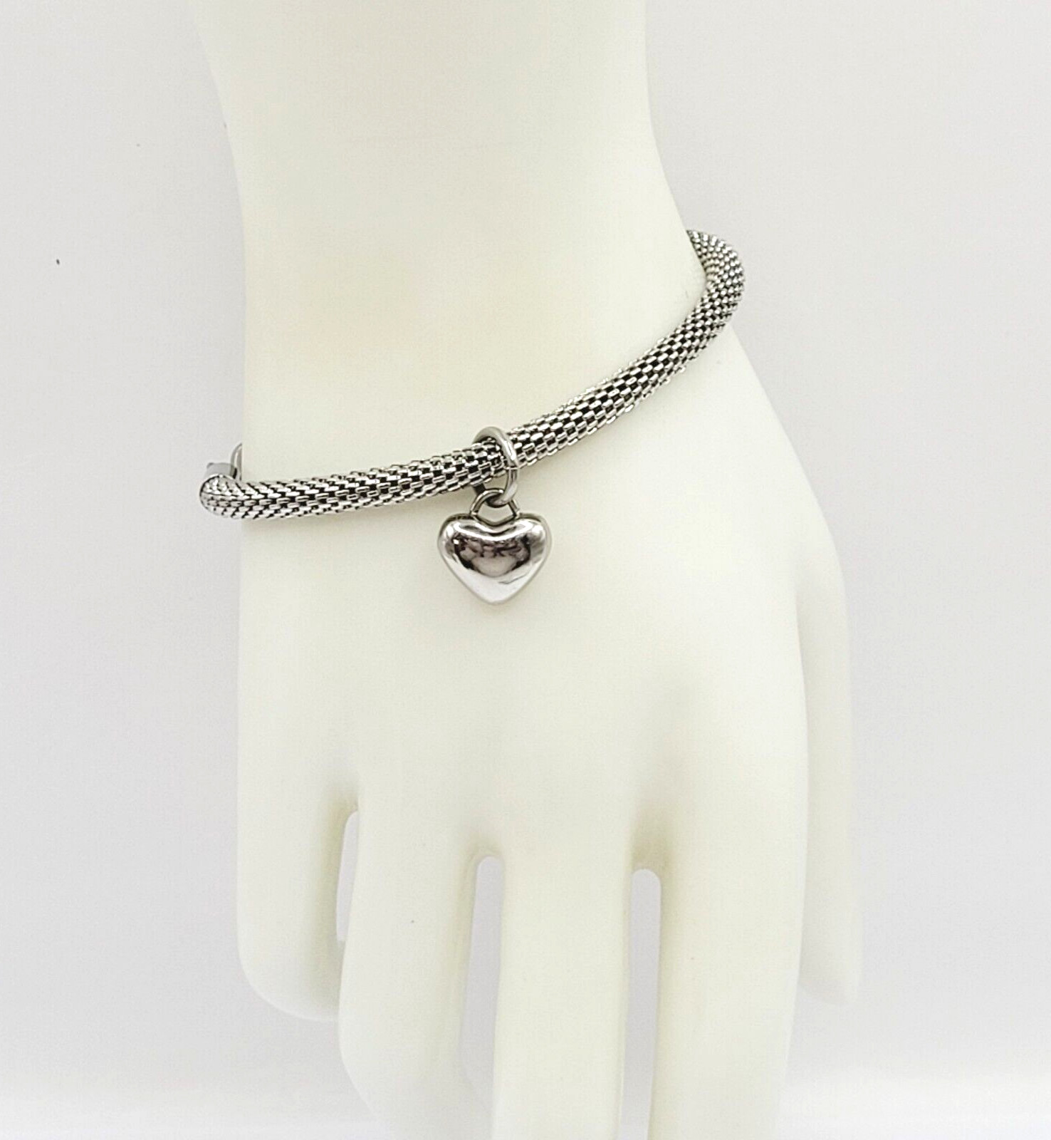 Puffy Heart Polished Charm Dangle on Silver Tone Stainless Mesh Bracelet 7 Inch