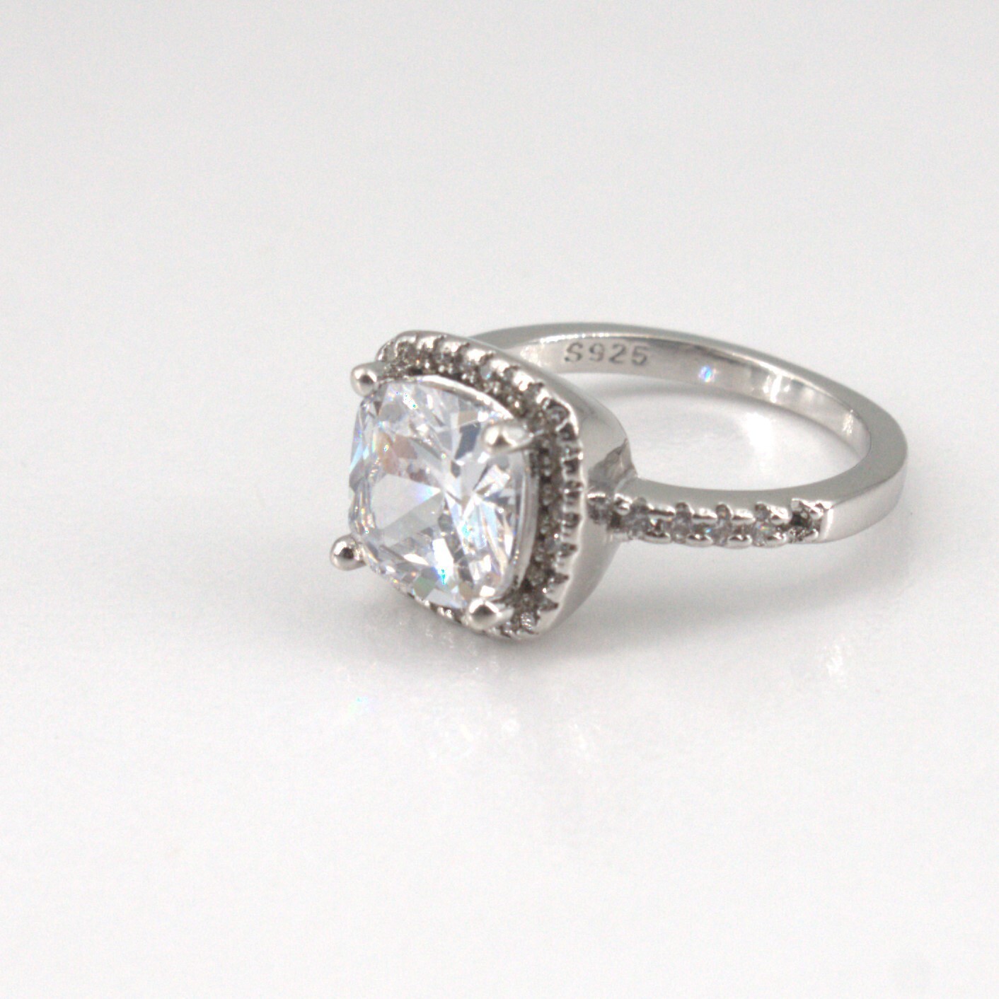 Sterling Silver Ring Cushion Cut Solitaire with Accents Cubic Zirconia Signed S