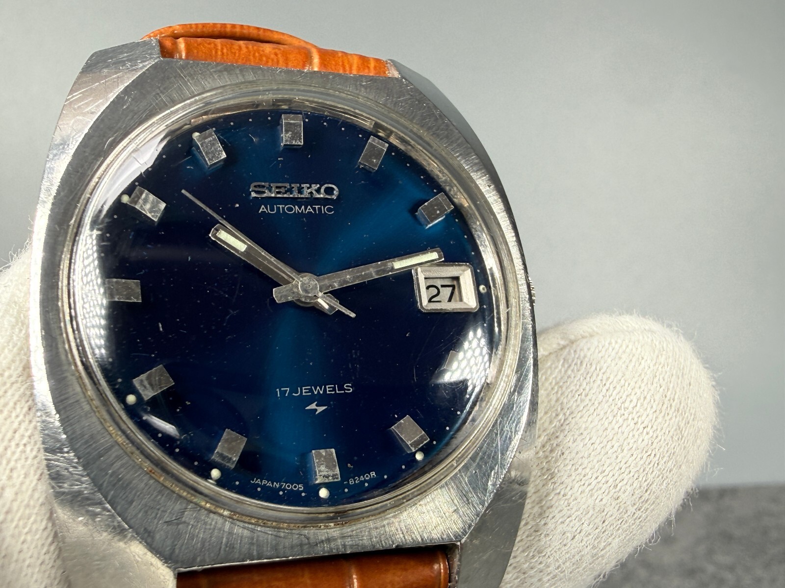 Seiko 7005-8160 Blue Dial Automatic Vintage 35mm New Leather Strap Runs
