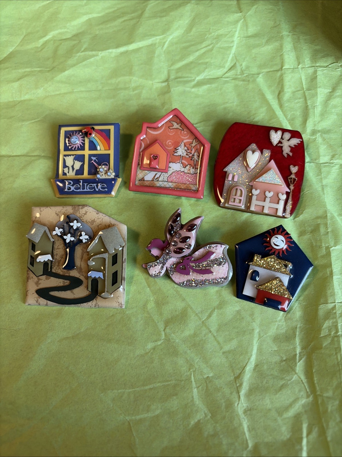 Vintage Lucinda 6 Pin Brooch Lot-Cupid-Rainbow-Orange House-Winding Road-Smiley