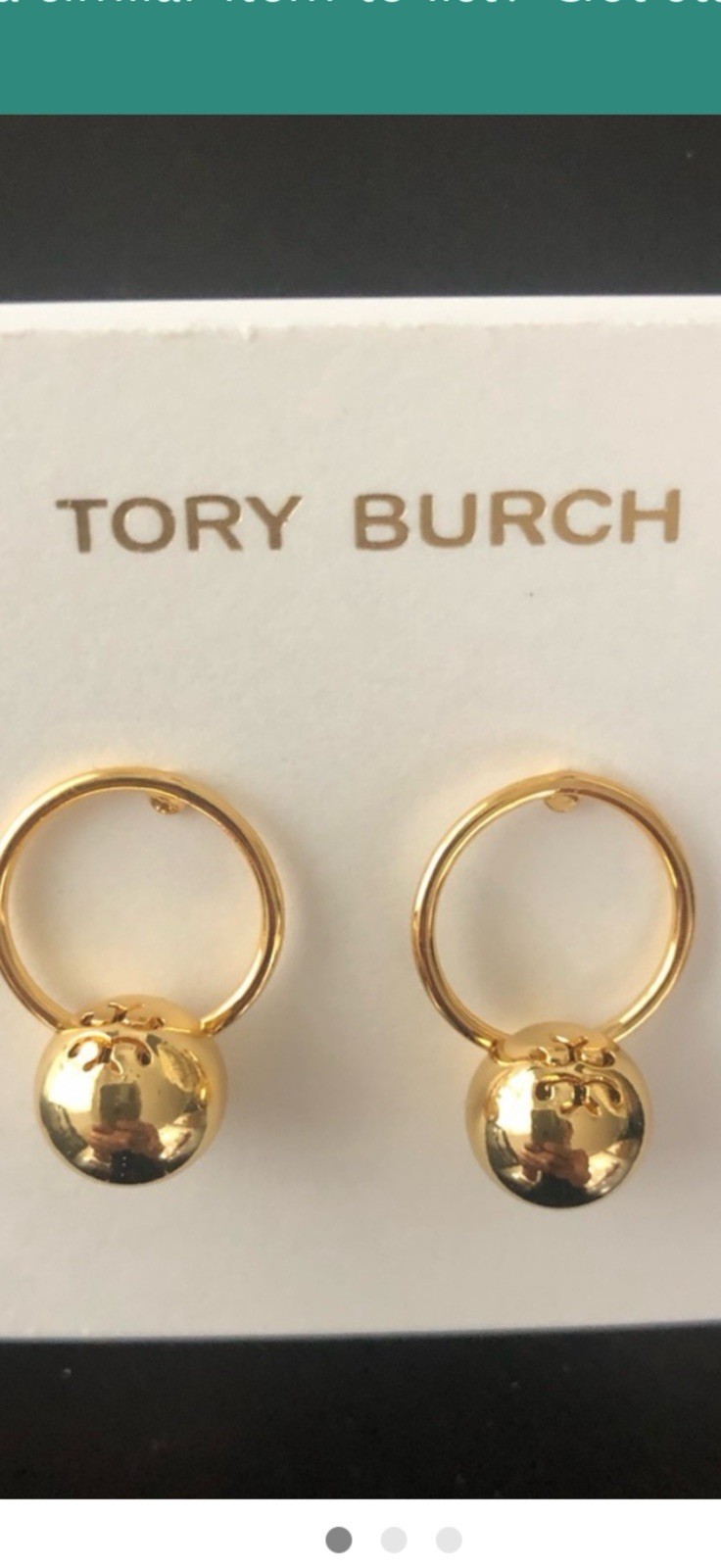 Tory Burch Gold Tone Hoop Earrings Logo Ball Metal Hoop Wire Closure