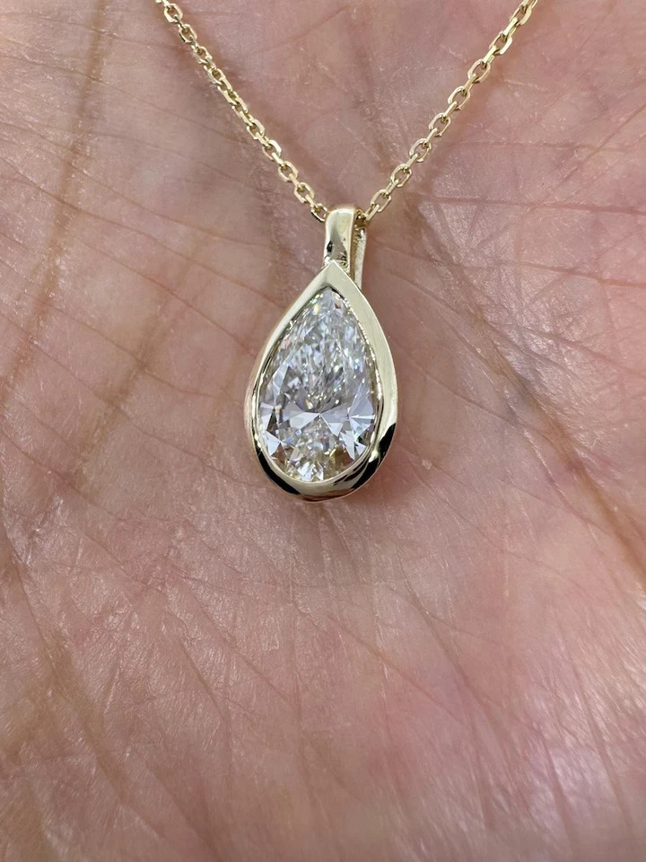 2Ct Pear Cut Moissanite Tear Drop Bezel Solitaire Pendant 14K Yellow Gold Plated