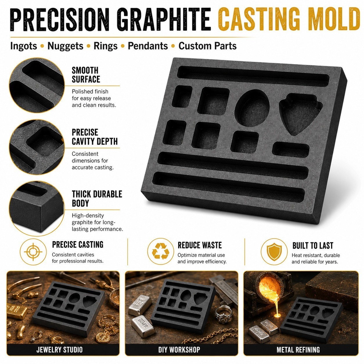 Graphite Ingot Mold Gold Silver Copper Melting Refining Casting Block 4x4inch
