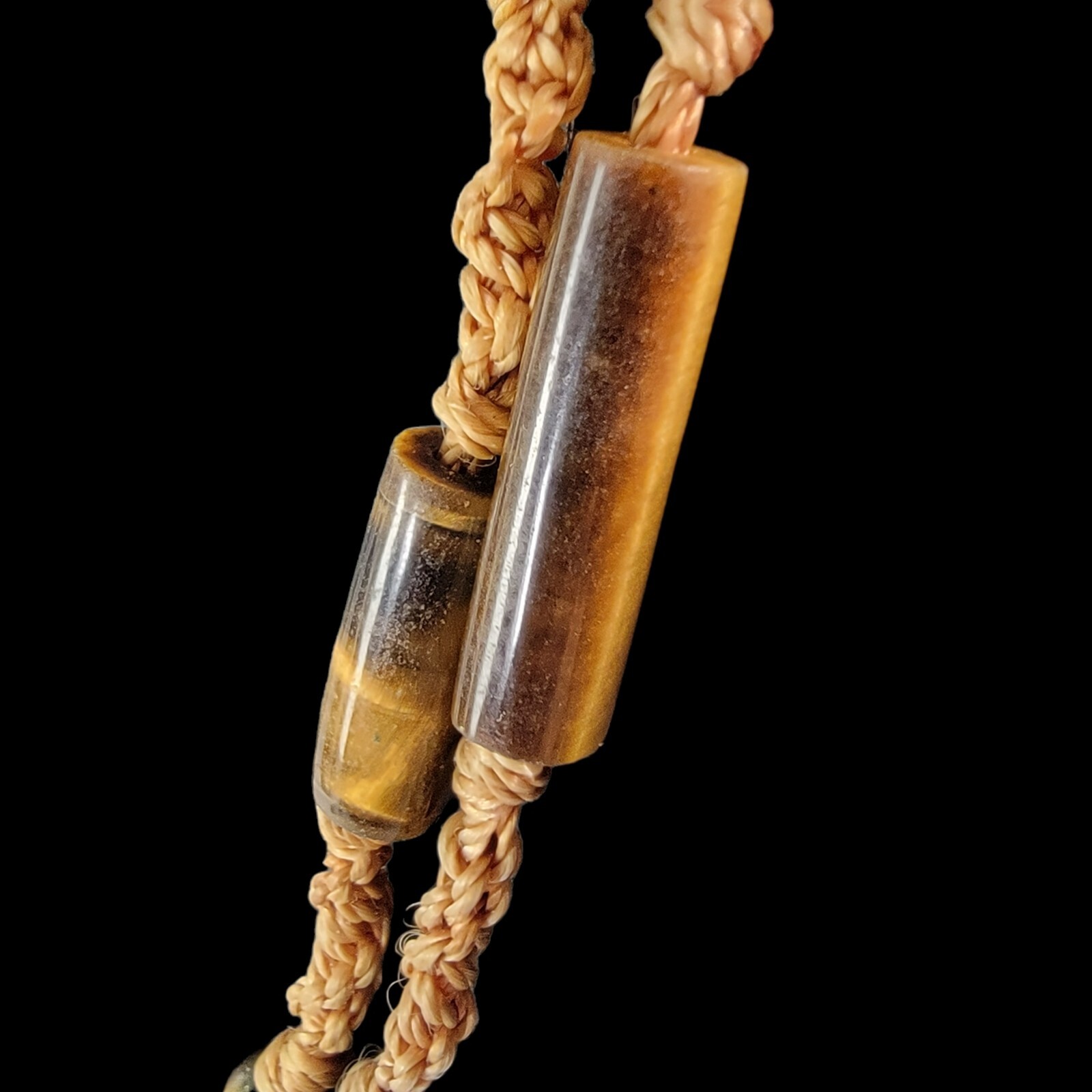 1970s Bohemian Macrame Silk Cord Necklace Double Strand Tiger Eye Beaded 38″