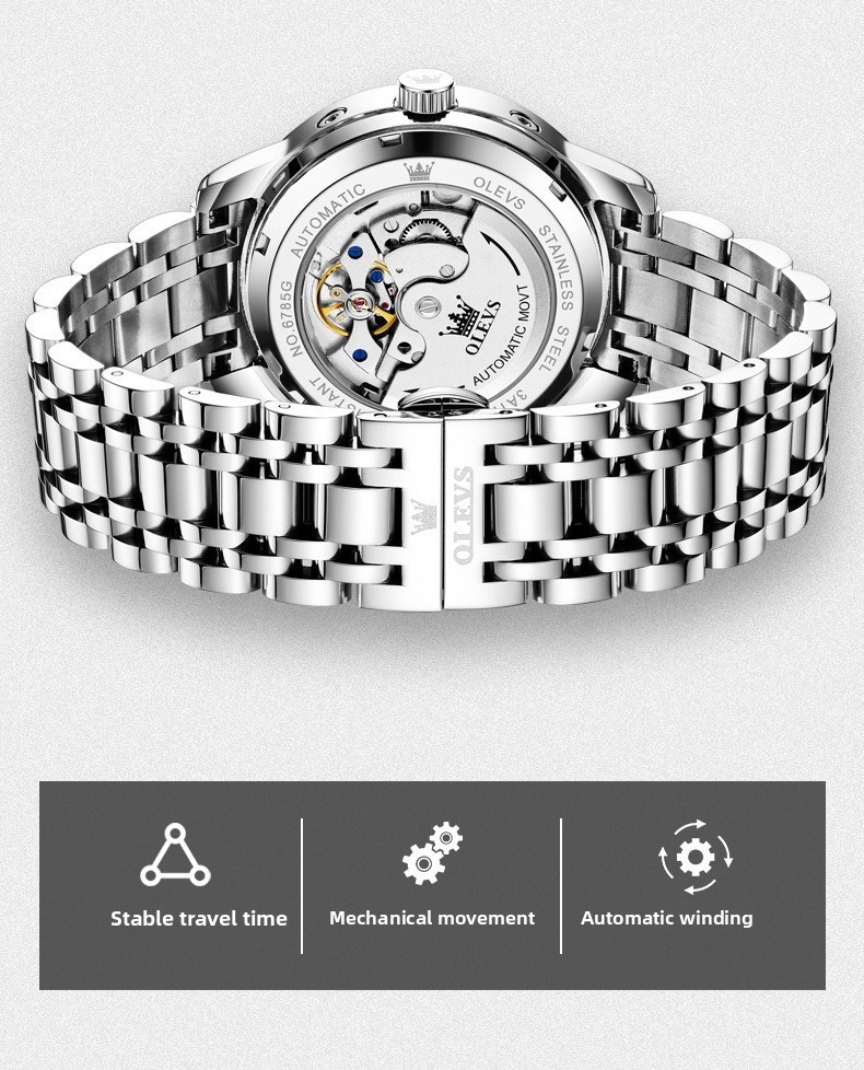 OLEVS Moon Phase Automatic Mechanical Men Watch Self-wind Skeleton Leather Band