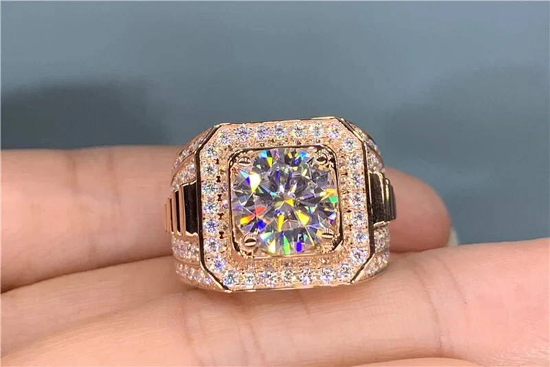 3Ct Round Cut Real Moissanite Men’s Solitaire Ring 14K Rose Gold Plated Silver