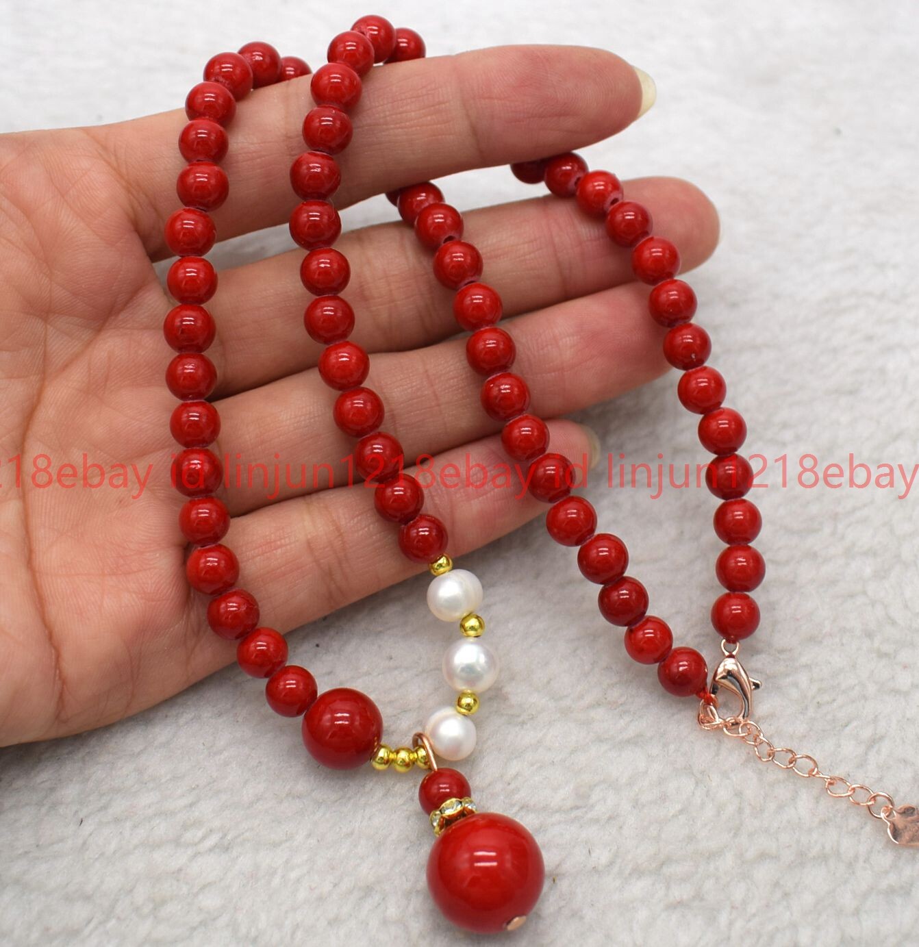 Natural 6mm Red Coral Round Gemstone Beaded White Pearl Pendant Necklace 16-28in