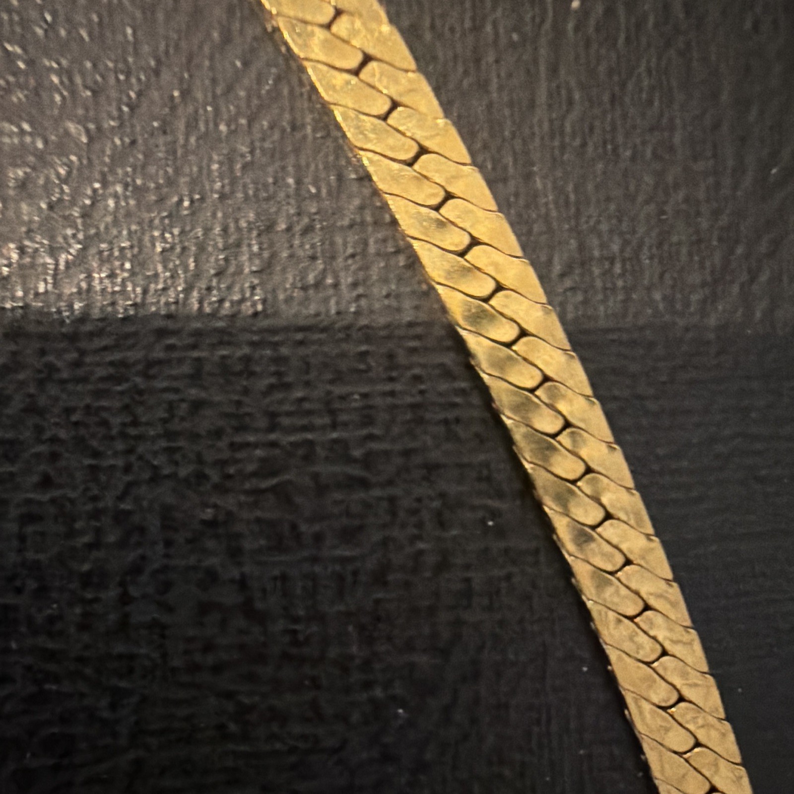 Yellow Gold chip Signed Herringbone Necklace Teardrop Clear Bezel Choker charm.