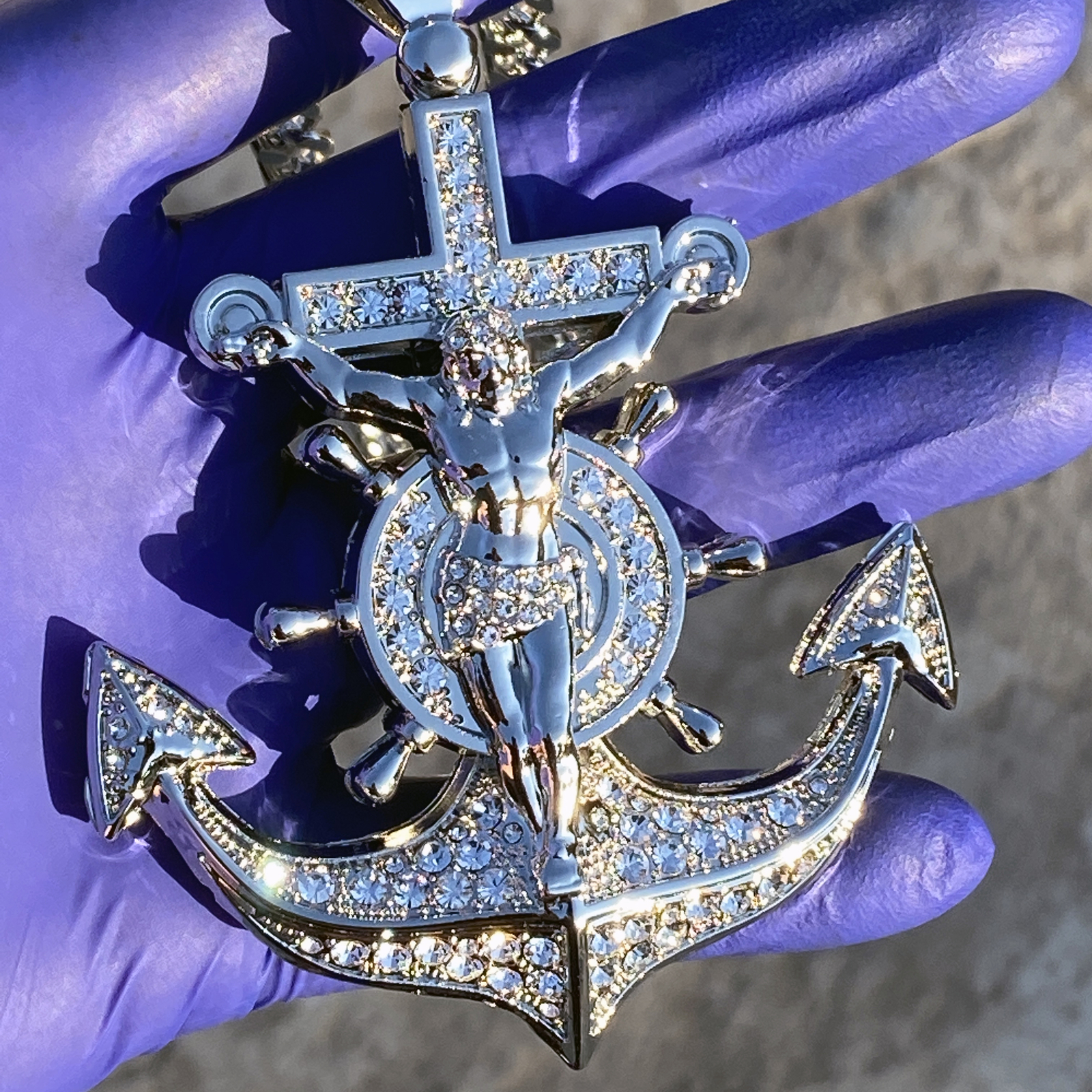 Mens Huge Large Mariners Cross Jesus Anchor Cuban Hip Hop Chain Silver Tone 30″