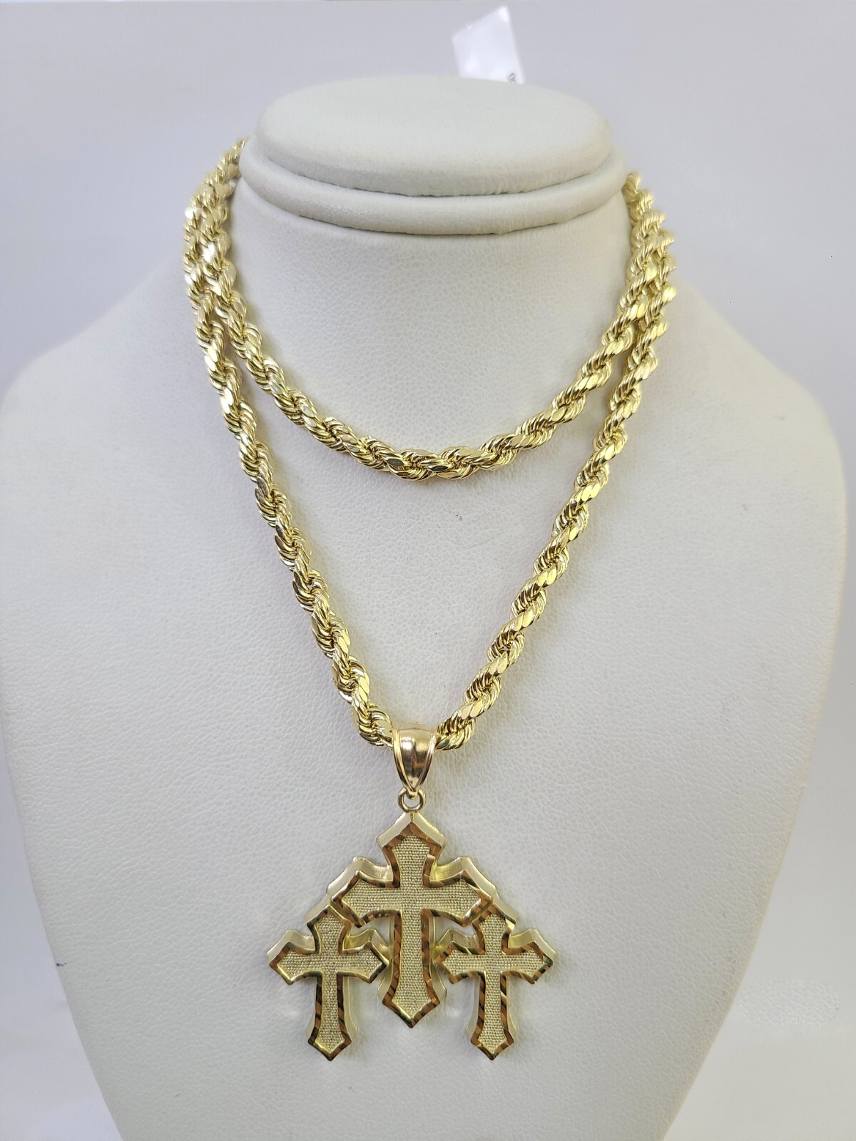 REAL 10k Jesus Triple Cross Charm Rope Chain Pendant 4mm Necklace Set 18″-28″