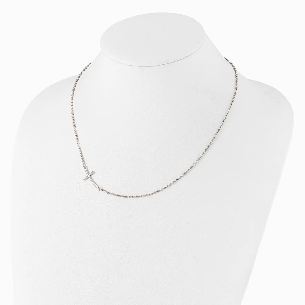 Sterling Silver Rh-Plated Large Off-Set Sideways Curved Cross Necklace