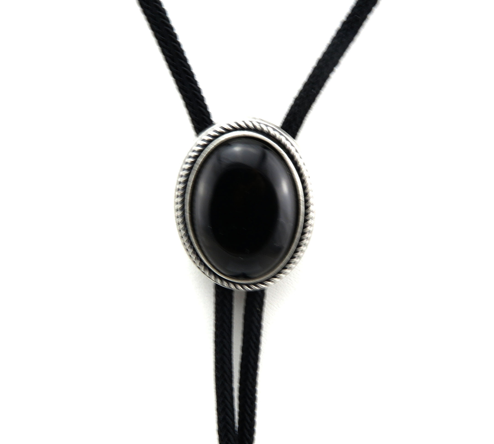 Silver Plated Nature Black Obsidian Stone Western Cowboy Rodeo Neck Bolo Tie