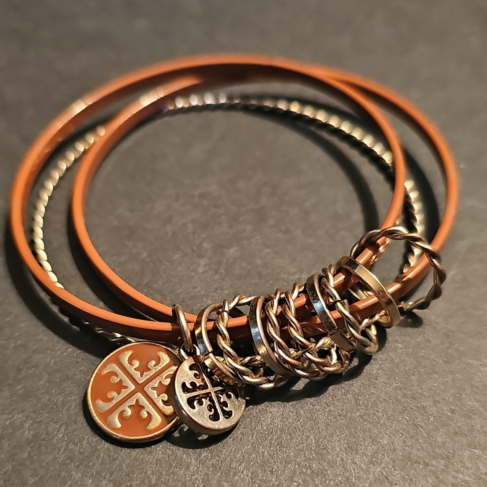 Brown Leather Wire Bangle Cuff Bracelet w/ Round Cross Dangle Charms