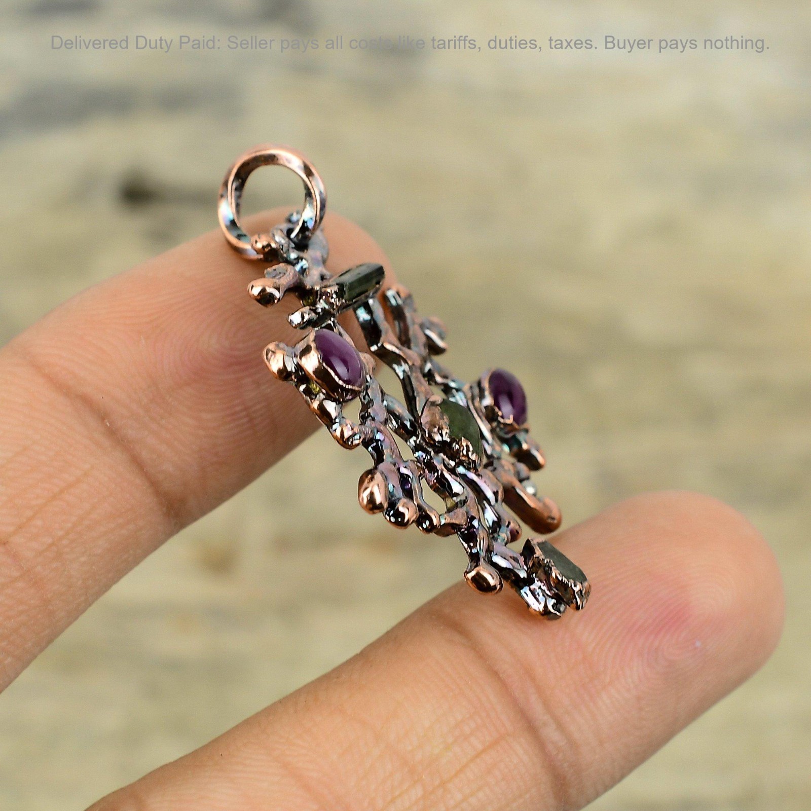 Multi Tourmaline Rough Stone Copper Bezel Electroformed Unique Pendant Jewelry