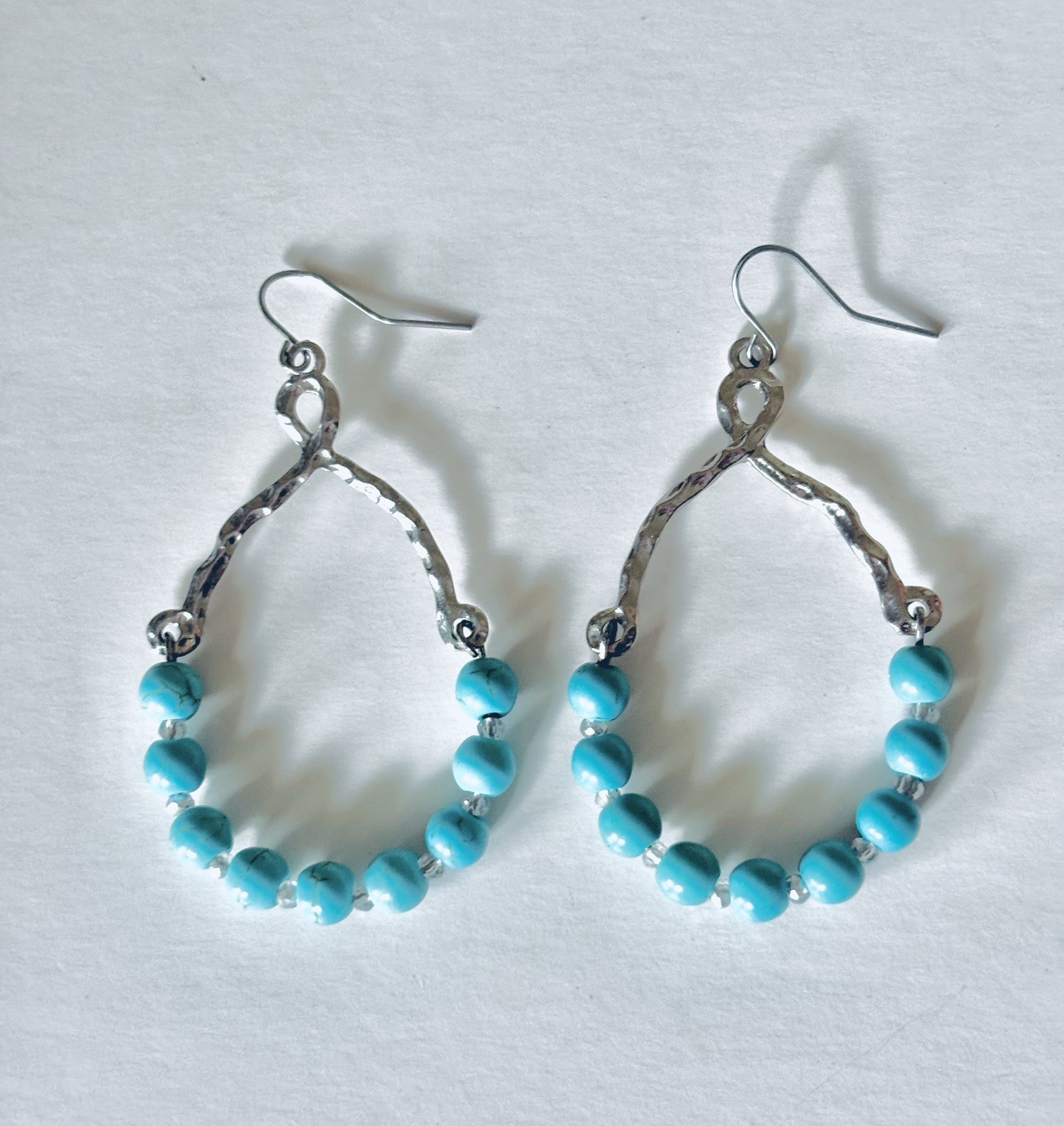 Silver and Turquoise Beaded Dangle Hoop Pierced Earrings Teardrop Shape BOHO