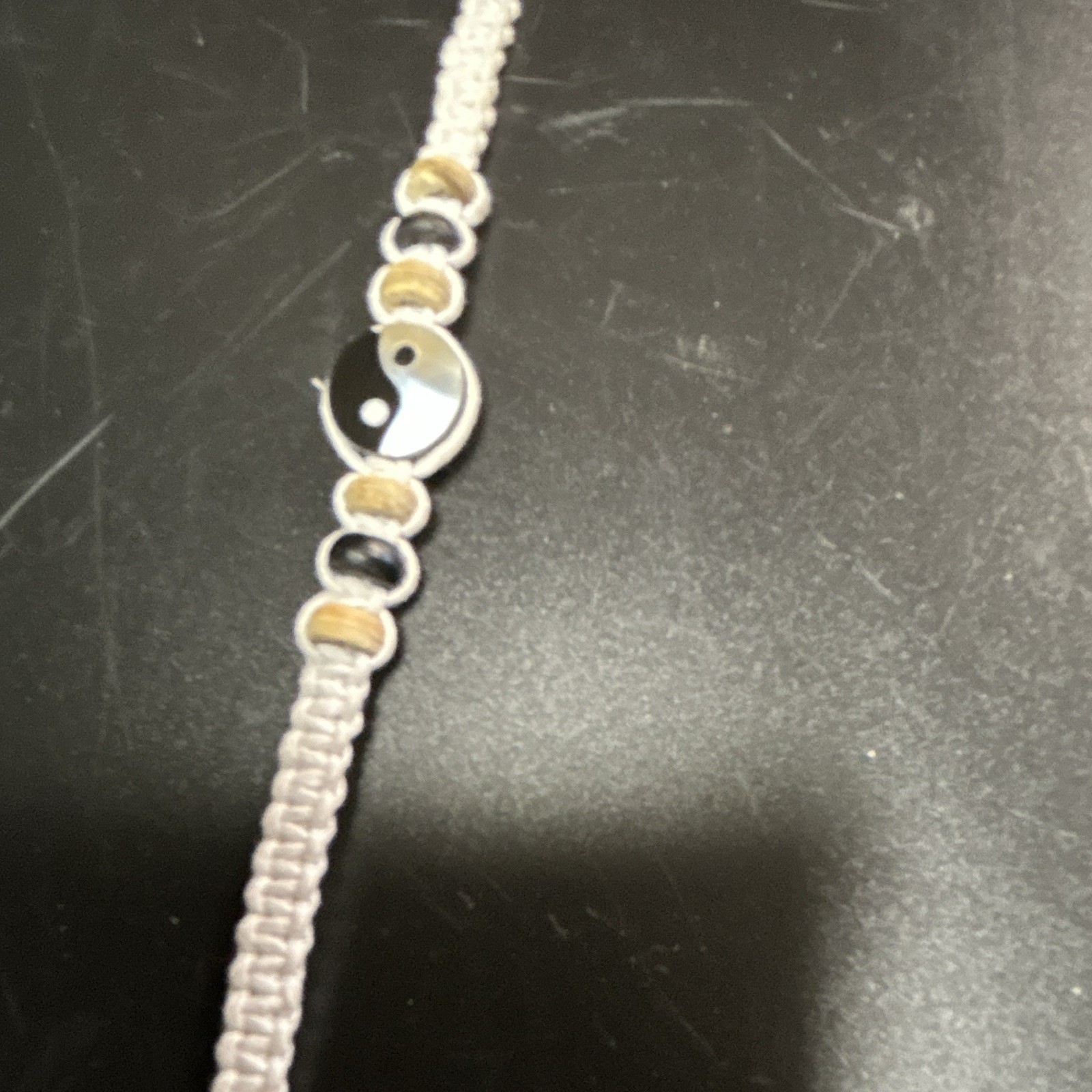 Black & White White Cord Charm Bracelet, Beaded Dangle Yin Yang Theme