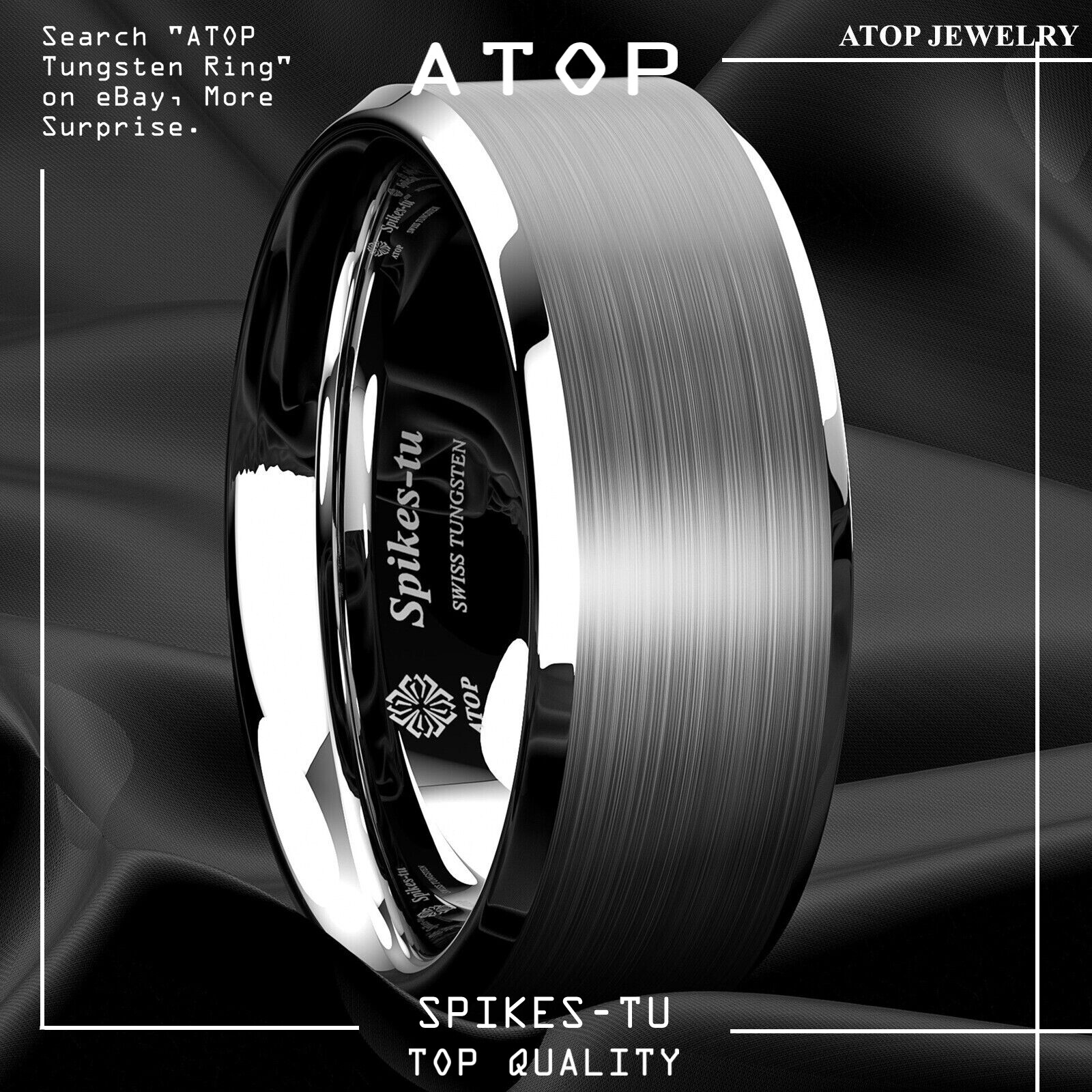 8mm Brushed Silver Tungsten Carbide Men’s Wedding Band Comfort Fit ATOP Ring