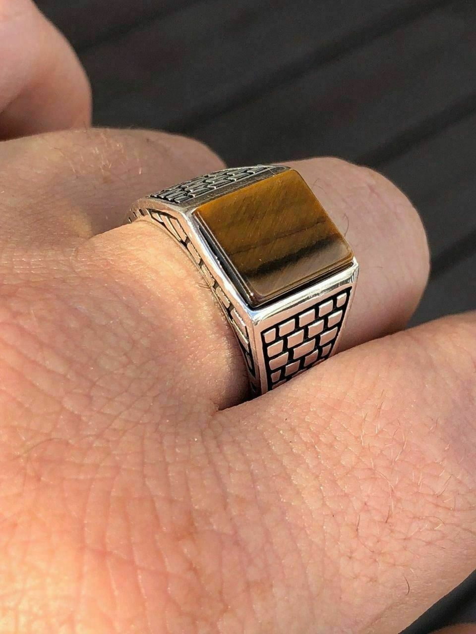 Mens Real Solid 925 Sterling Silver Tiger Eye Square Ring Size 7 8 9 10 11 12 13