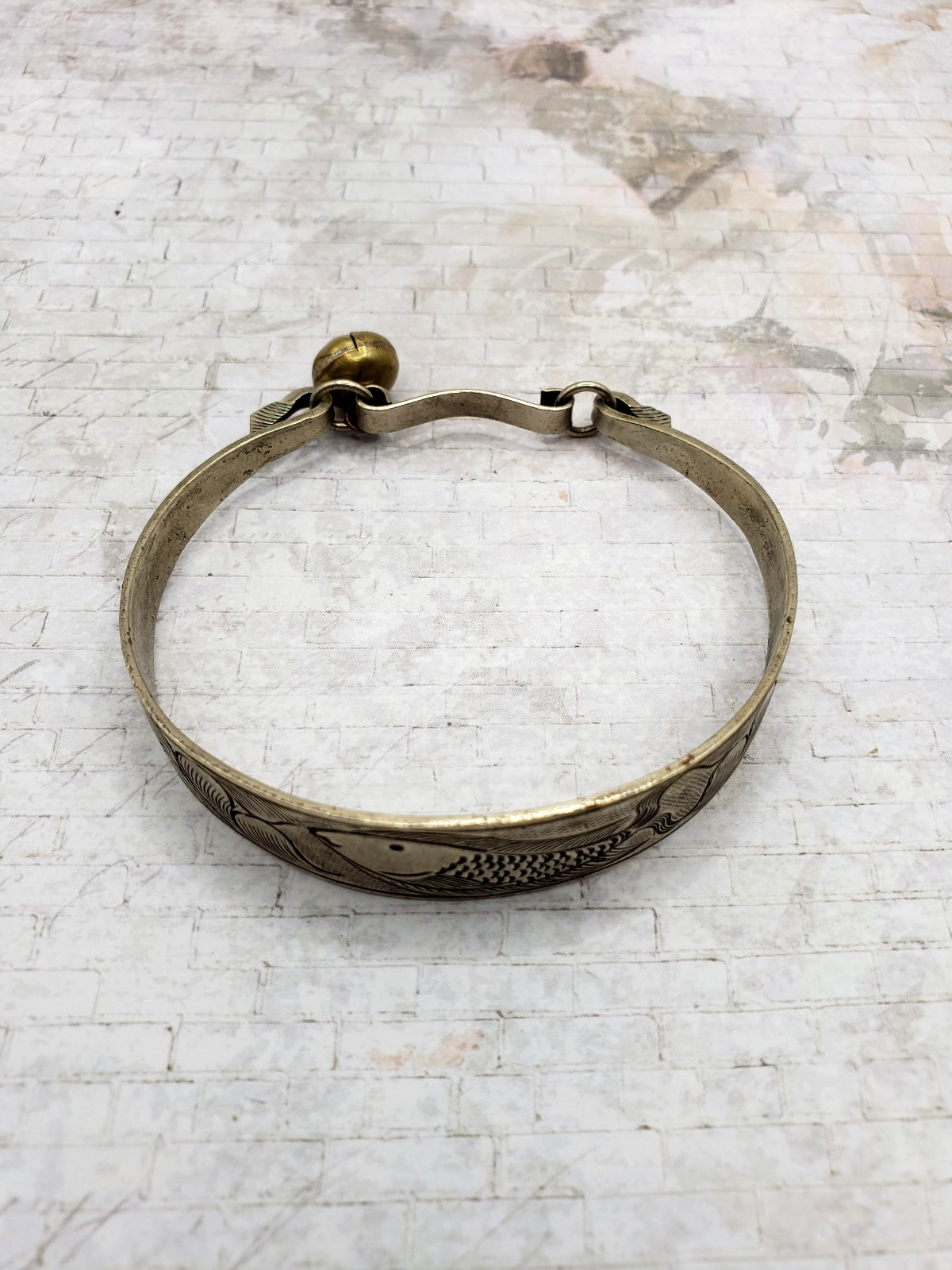 Engraved Fish & Waves Design Cuff Silver Tone Bracelet