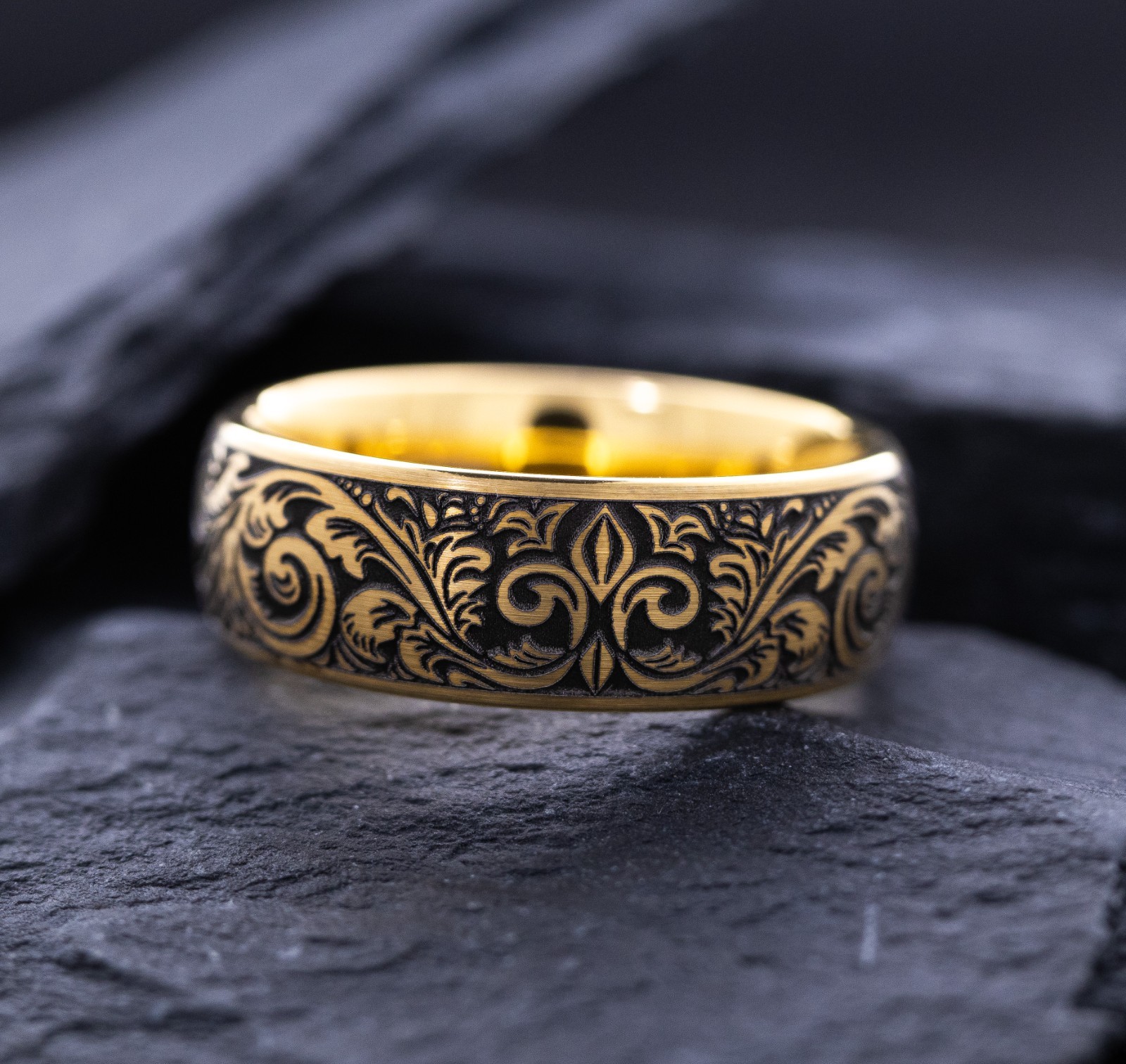 Fleur De Lis Deep Engraved Gold Plated Tungsten Ring with Victorian Engravings