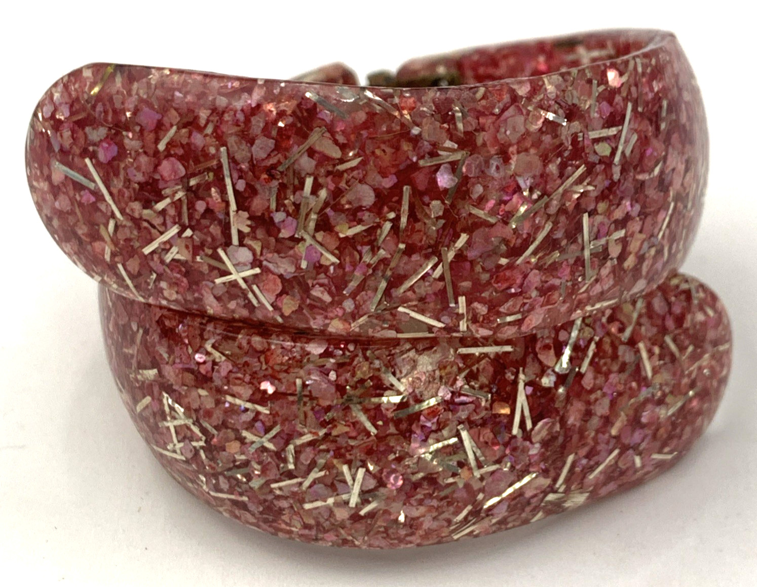 VTG Silver & Pink Glitter Confetti Lucite Clamper Hinged Wide Bangle Bracelet
