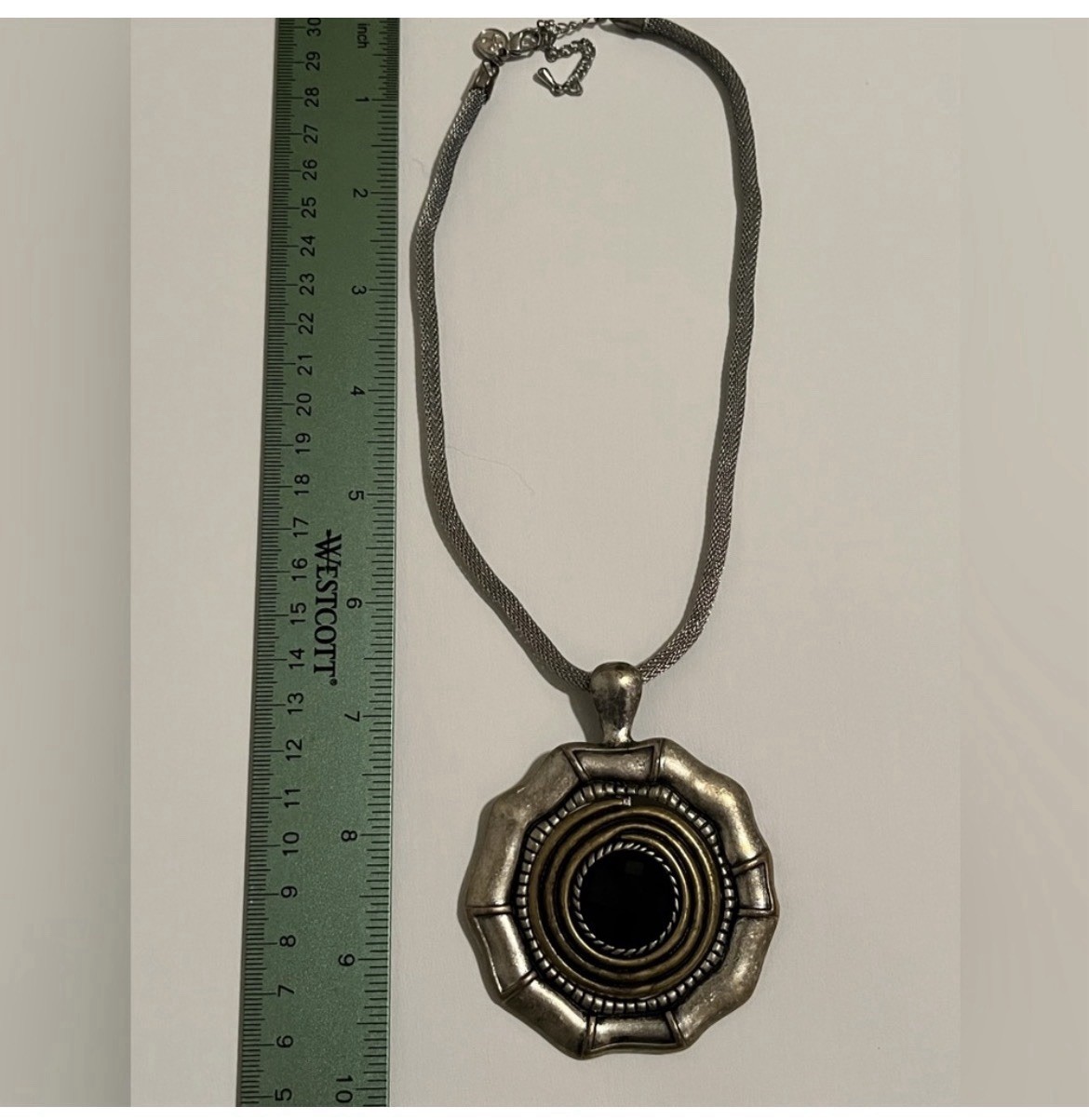 Silver Tone Snake Chain Necklace Round Bezel Pendant Black Center Lobster