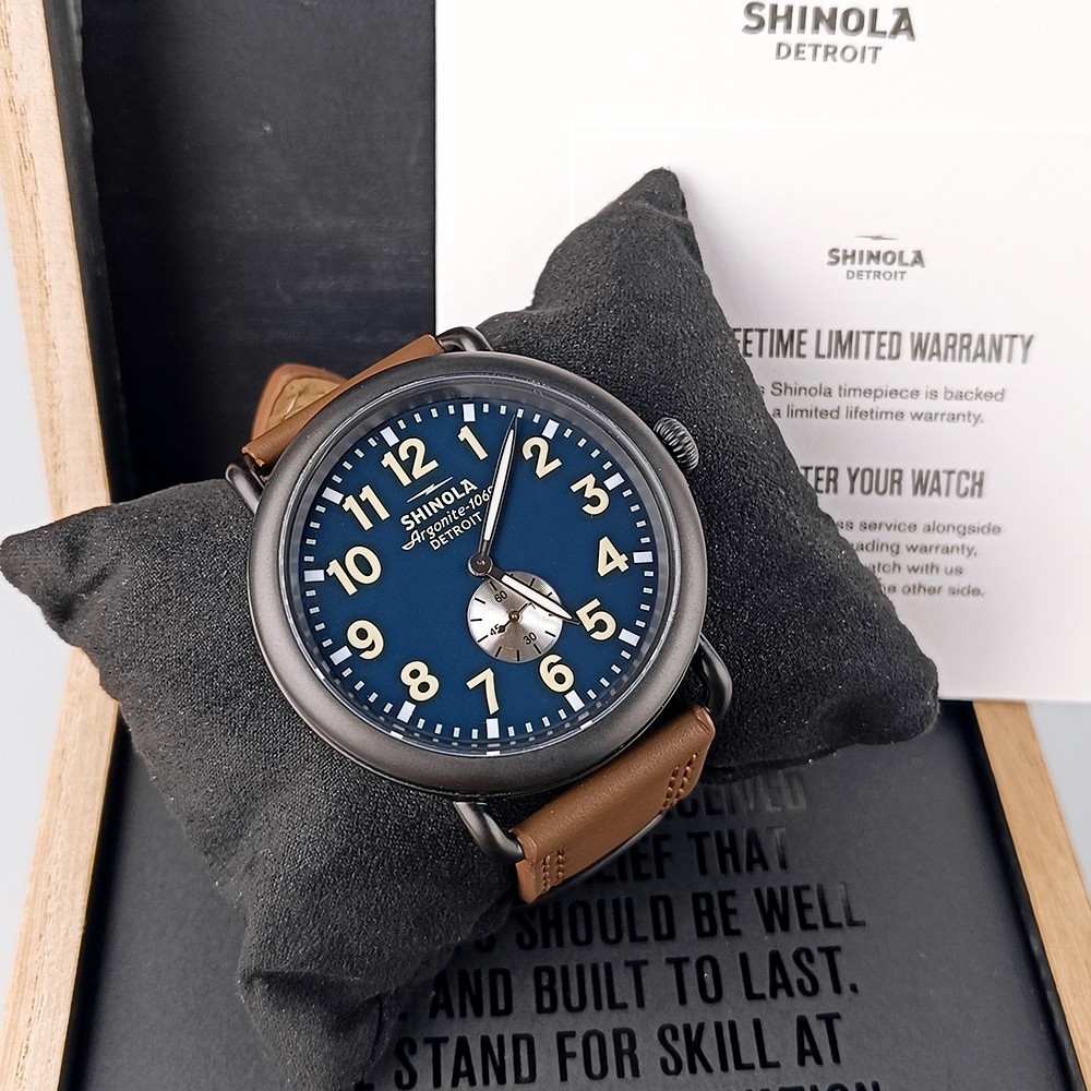 Men’s Shinola Runwell 47mm Midnight Blue Dial Brown Leather Strap Quartz Watch