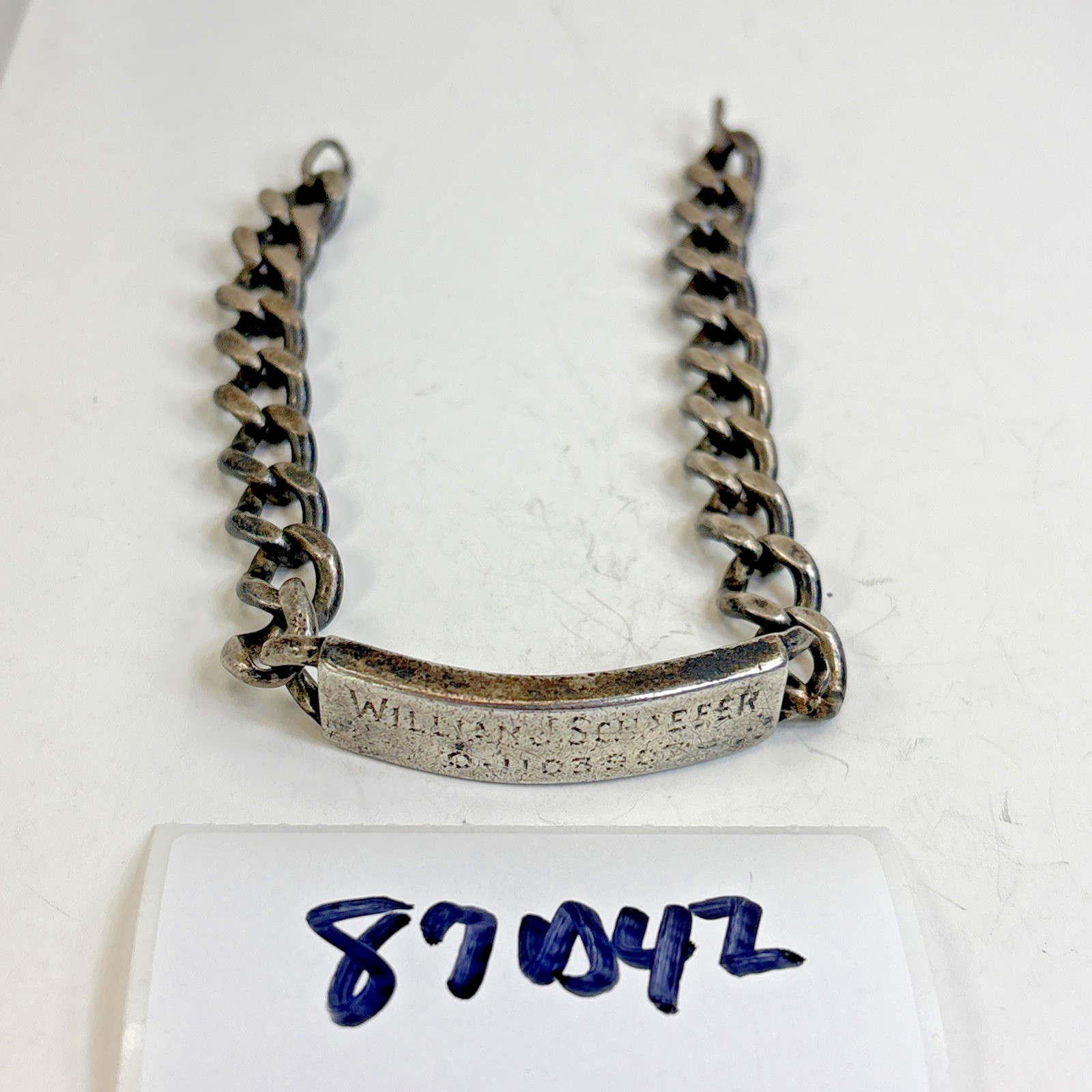 WW1 WW2 Dog Tag ID Identification Bracelet William J Schaefer 1943 Vintage 87D42