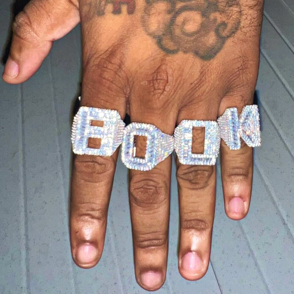 925 Sterling Silver Initial Block Letters Iced Baguette Flooded Out CZ Ring A-Z