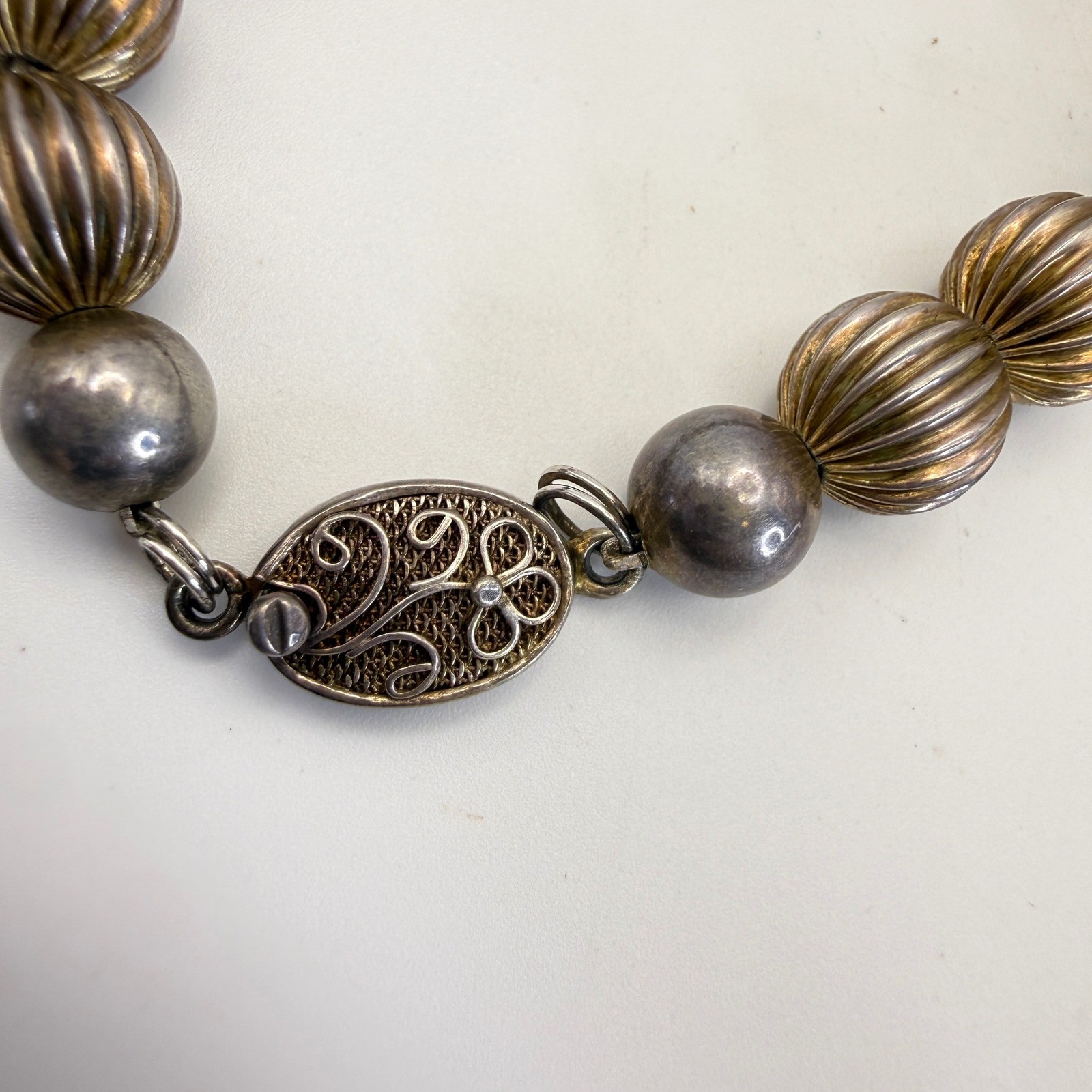 Sterling Silver Bead Necklace 108 Grams Graduated Ribbed Filigree Clasp