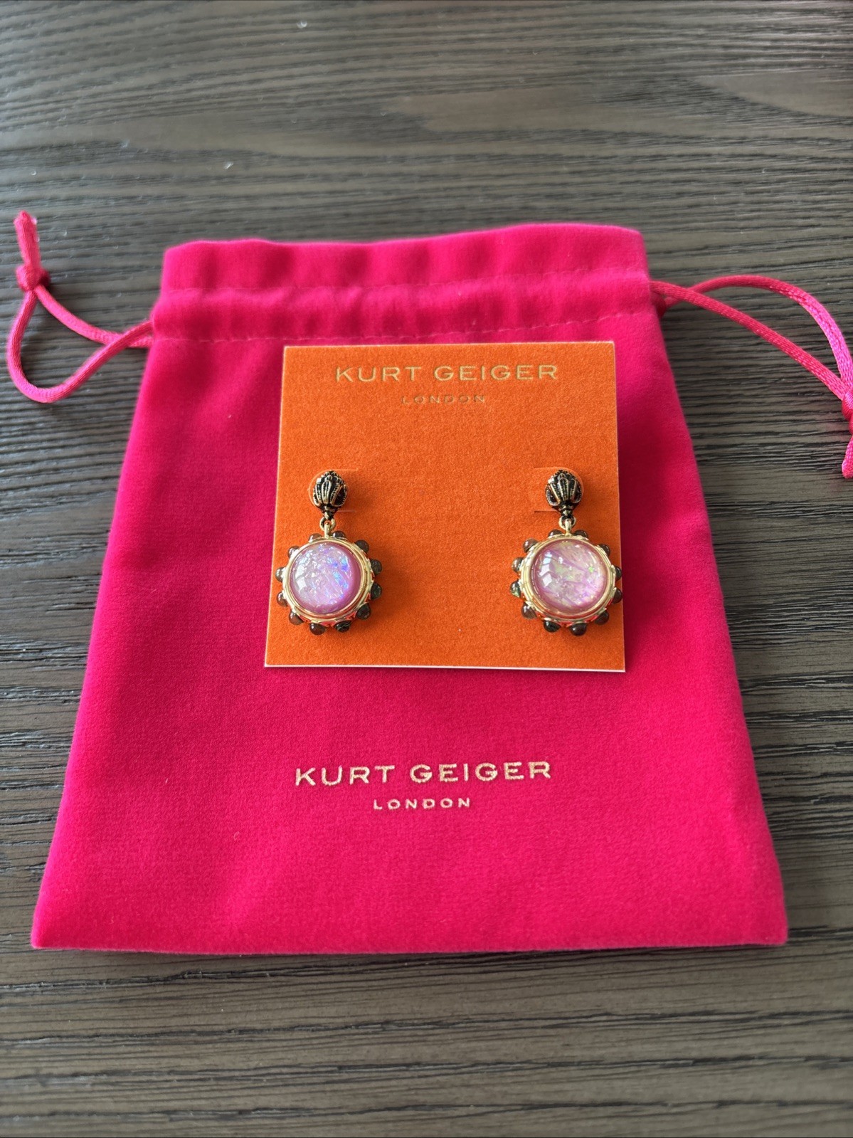 Kurt Geiger Eagle Head Pierced Drop Earrings Pink Resin Cabochons NWT MSRP $68