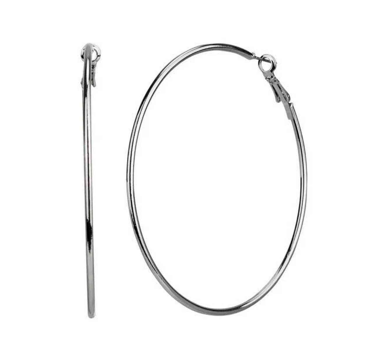 Silver Tone Round Hoop Earrings 2.5 in Diameter Hinged Closure Pair