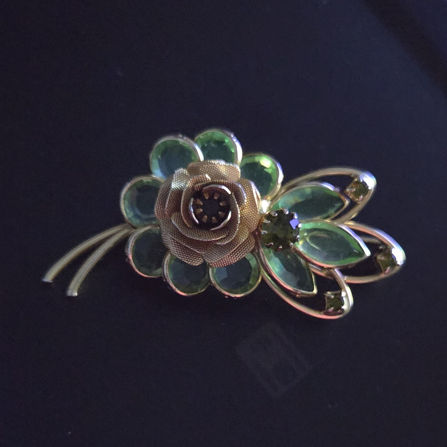 1950 Vintage Signed Hobe Floral Brooch Pin , Green Art Glass Wire Rose