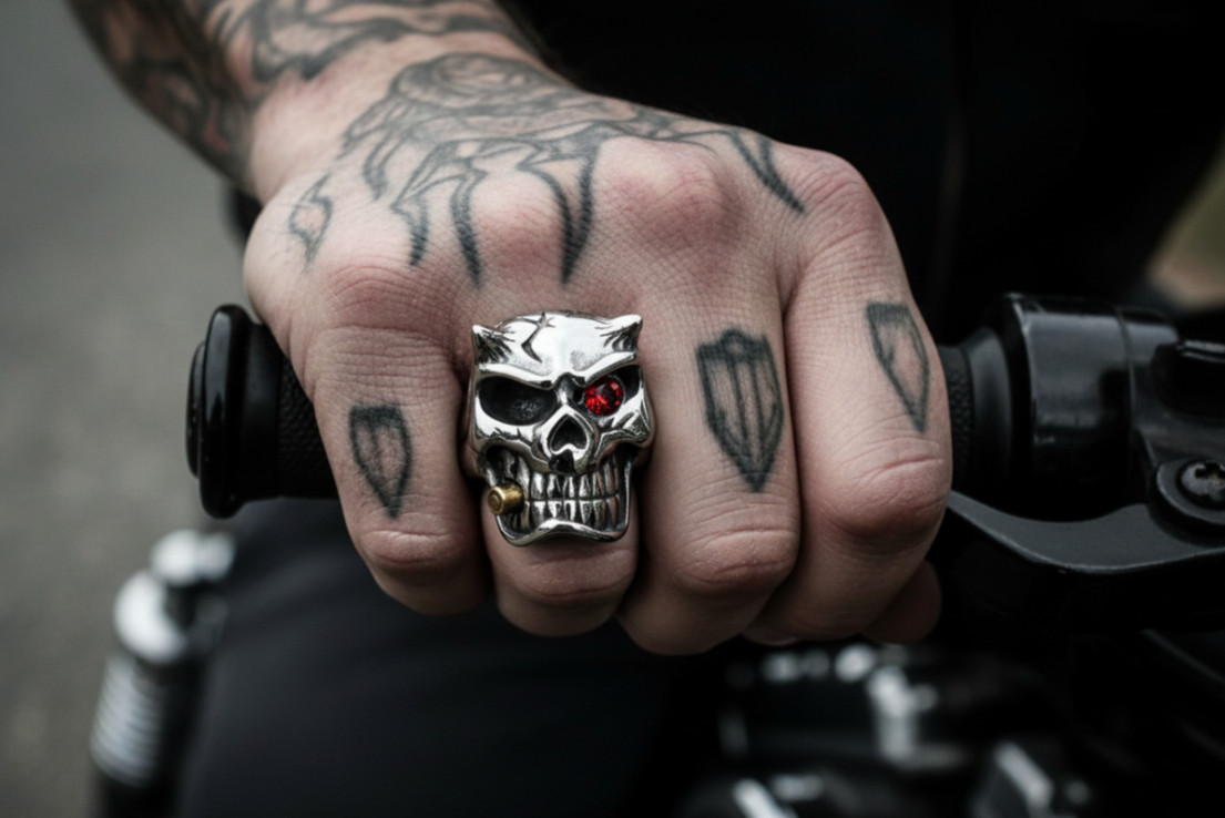 Red Eye Skull Stainless Steel with Horns Biker Ring 107