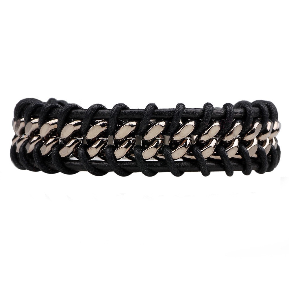 8.5″ Men’s Braided Leather Cuban Chain Bracelet Bangle Silver Stainless Steel