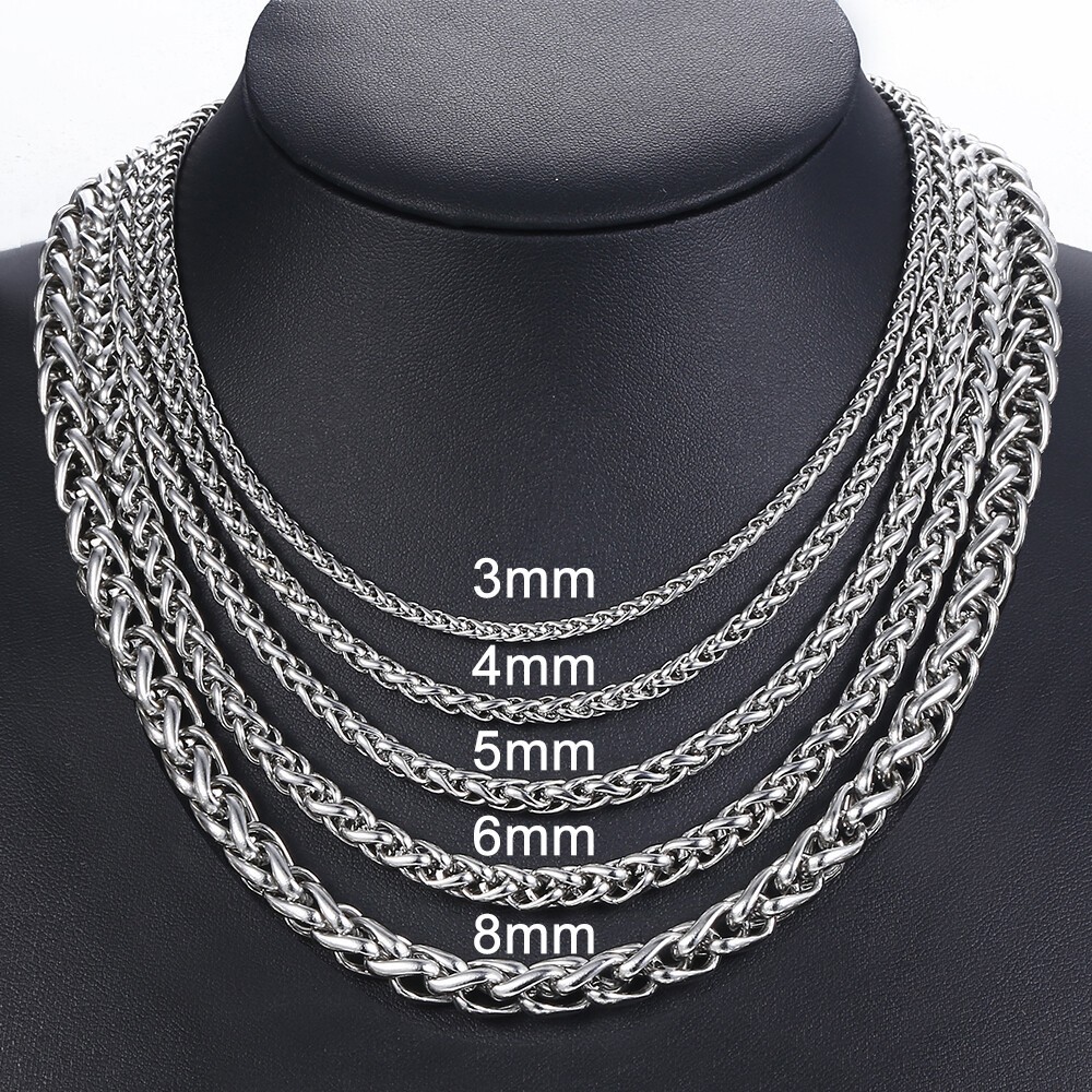 3/4/5mm Braided Wheat Chain Silver 316L Stainless Steel Men Women Necklace