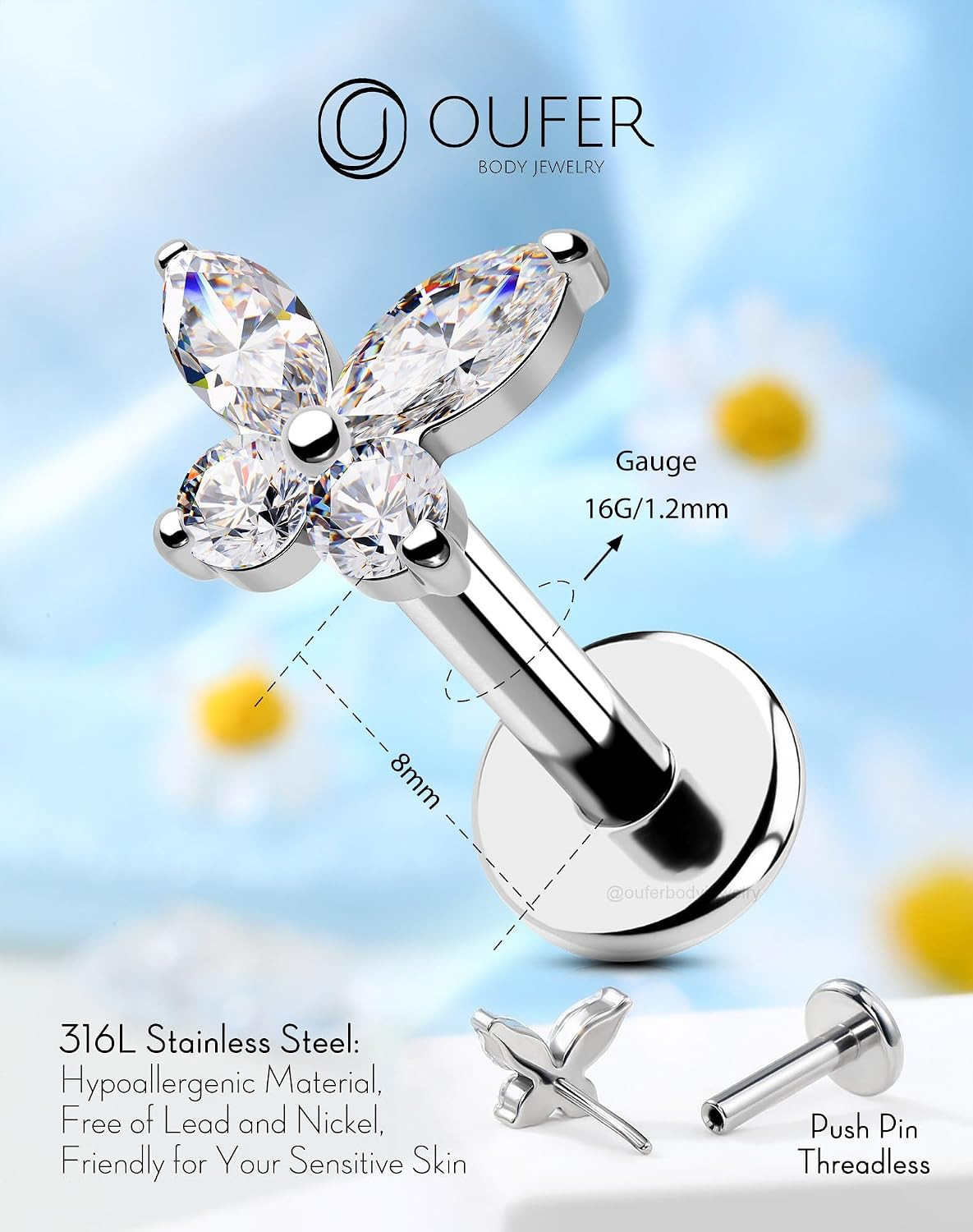 Threadless Butterfly Labret Stud, 316L Surgical Steel Flat Back Push in Piercing