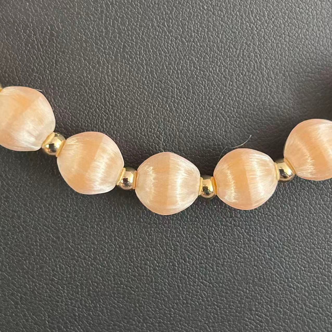 Vintage Peach Pink Silk Satin Thread Wrapped Bead Single Strand Necklace 30″