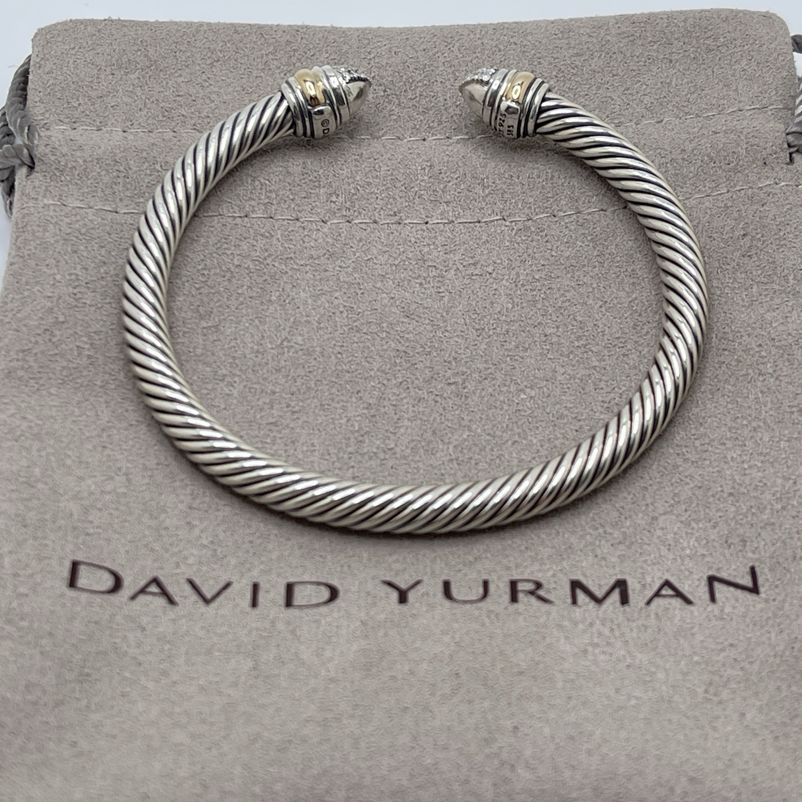 David Sterling Silver & 14K Gold 5mm Cable Cuff Bracelet Diamond Tips