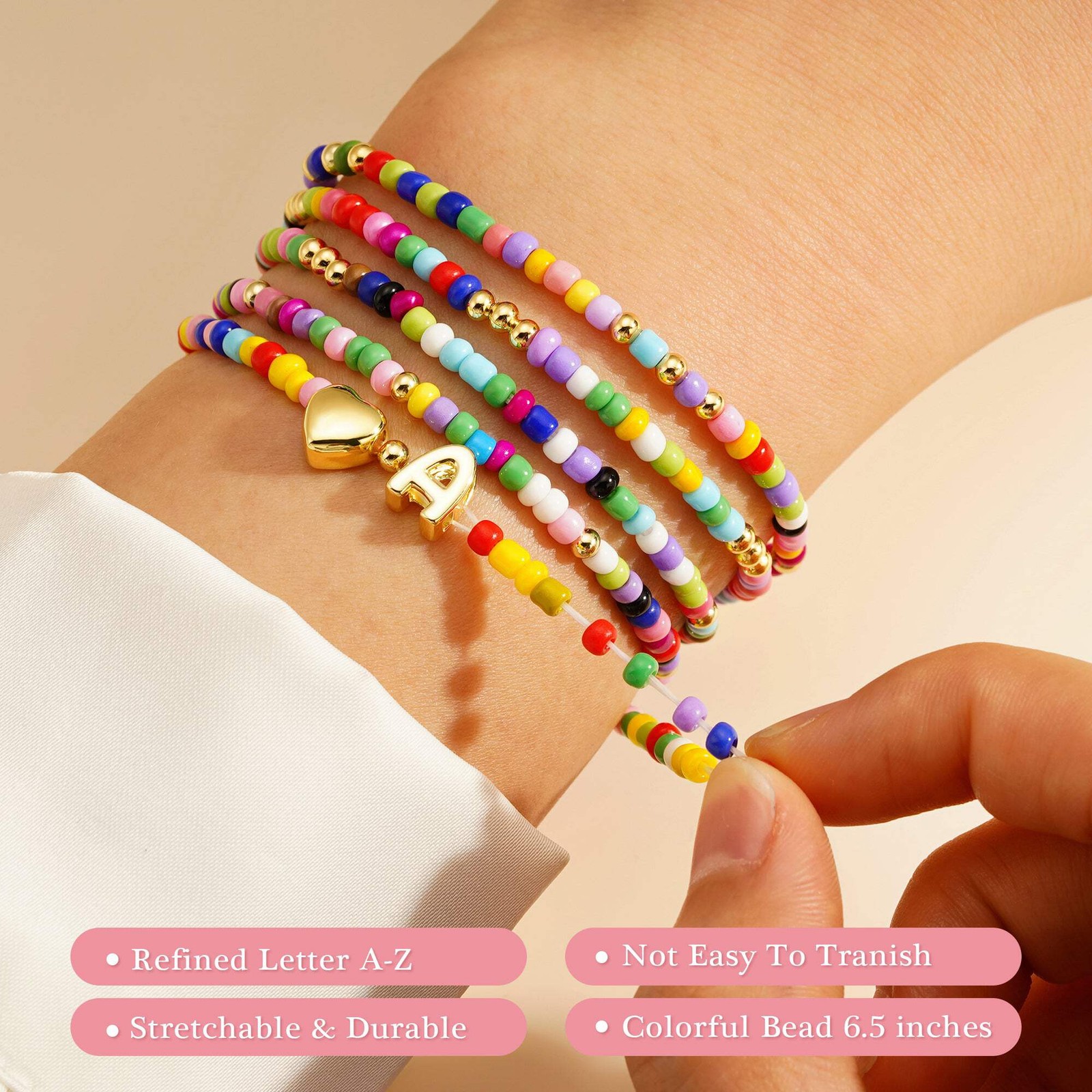 Turandoss 5PCS Gold Beaded Heart Initial Bracelets for Women Girls Gifts, 6.5In